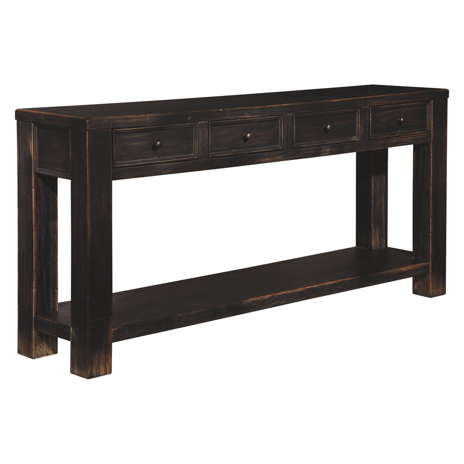  Wooden Sofa Table With Four Drawers And One Shelf, Weathered Black By Benzara 