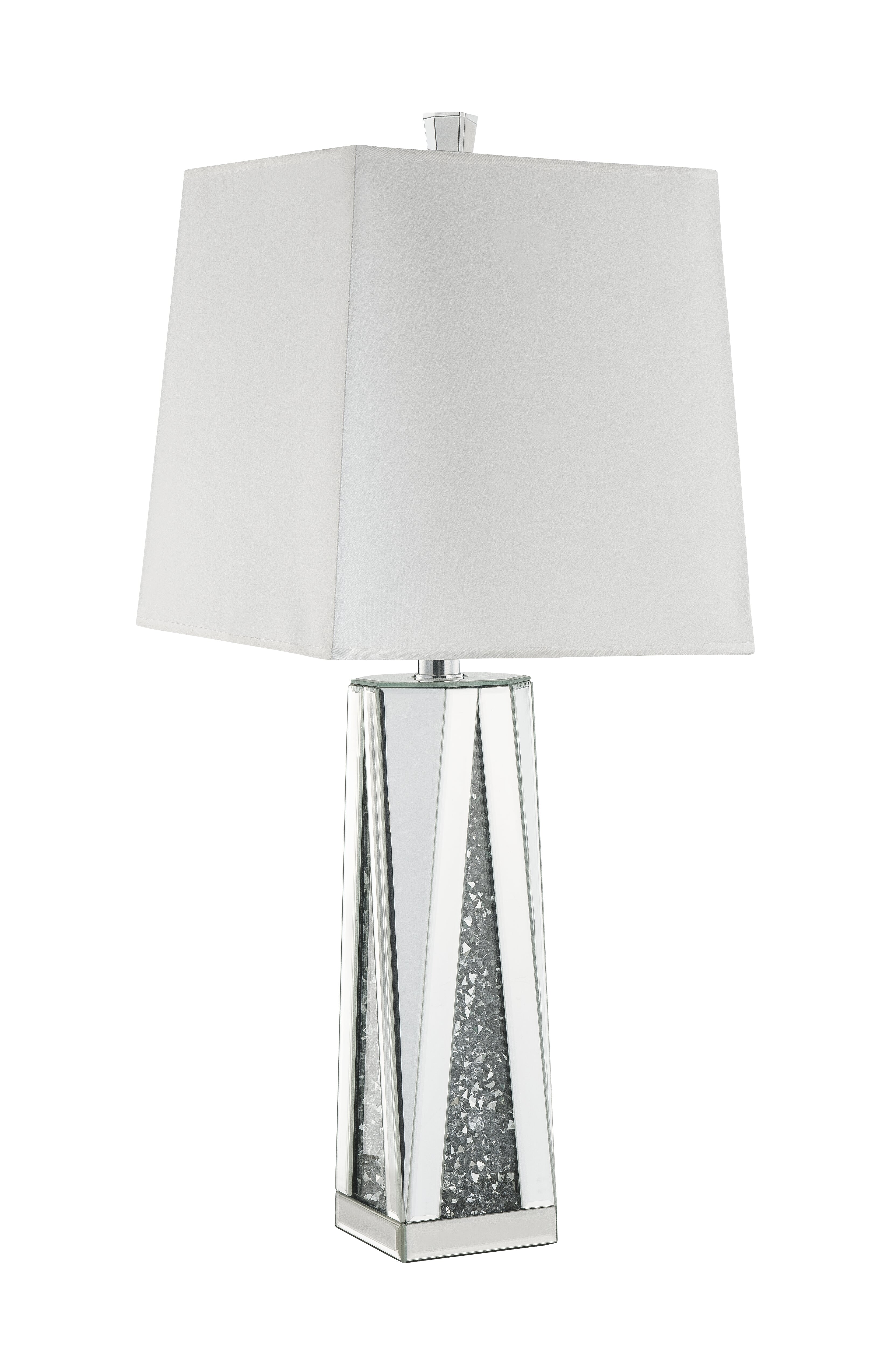  Contemporary Square Table Lamp With Faux Diamond Inlays, White And Clear By Benzara 