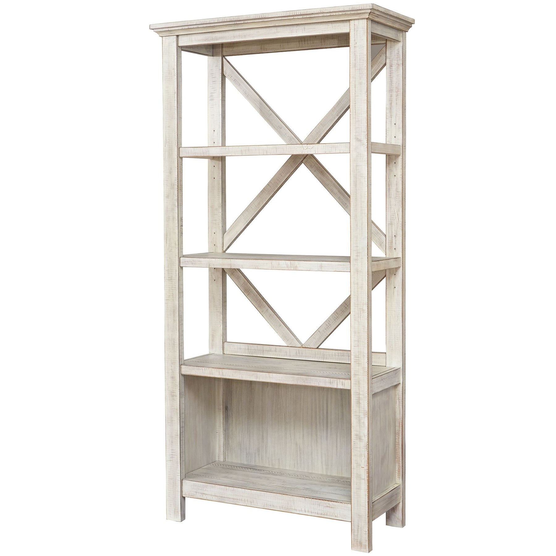  X Shape Back Bookcase With 3 Open Shelves And 1 Open Compartment, White By Benzara 