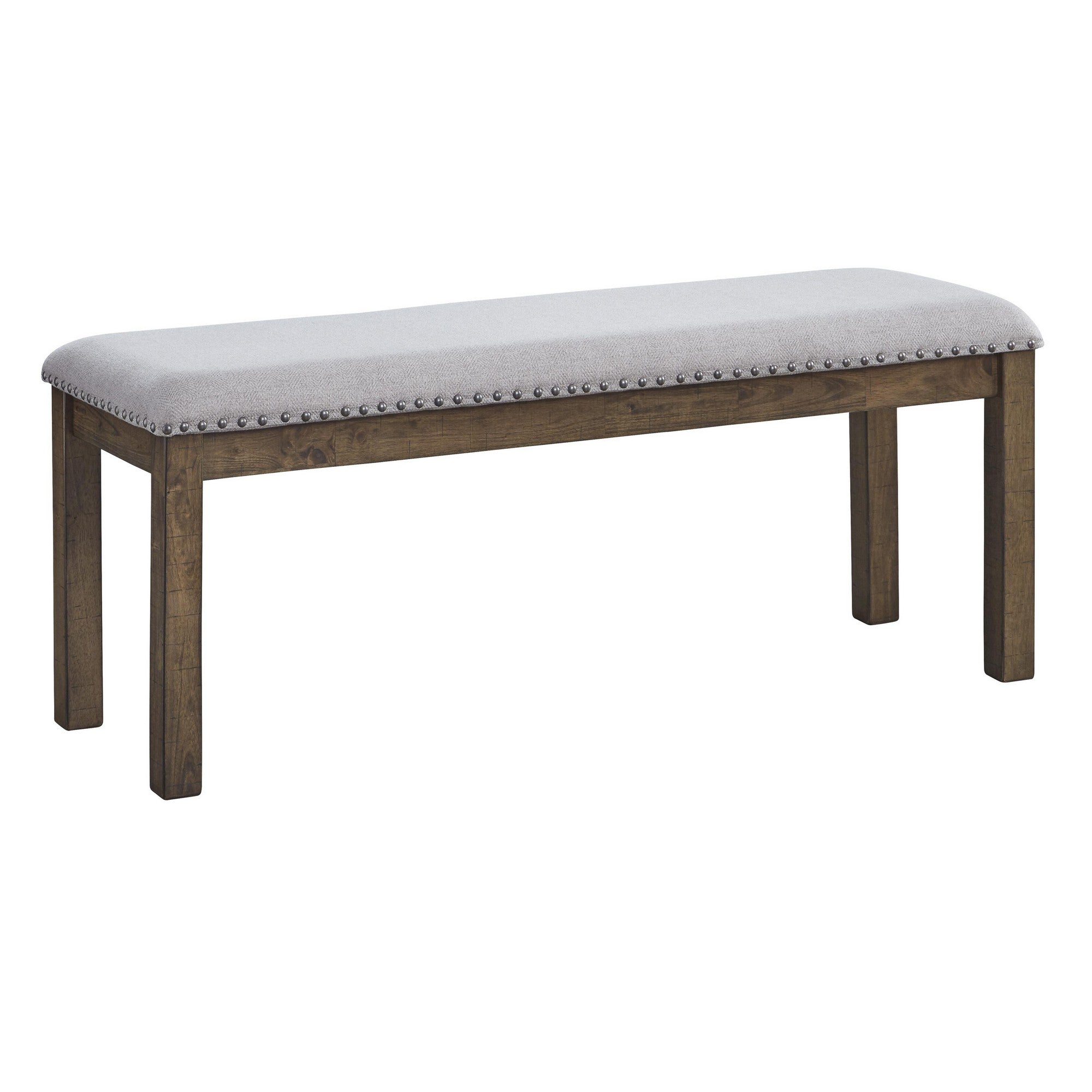  Nailhead Trim Wooden Dining Bench With Fabric Upholstery, Brown And Gray By Benzara 