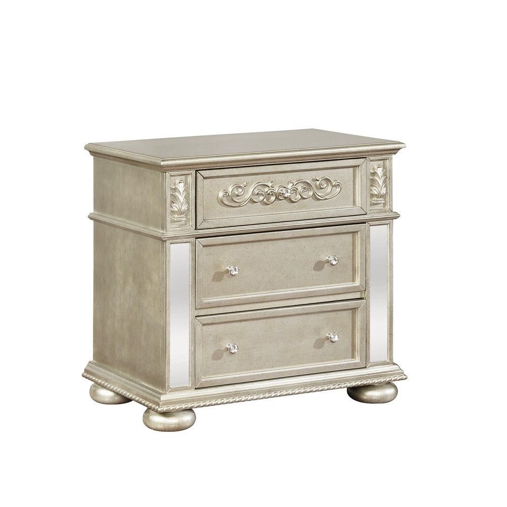  3 Drawers Nightstand With Ornate Carving And Usb Ports, Silver By Benzara 