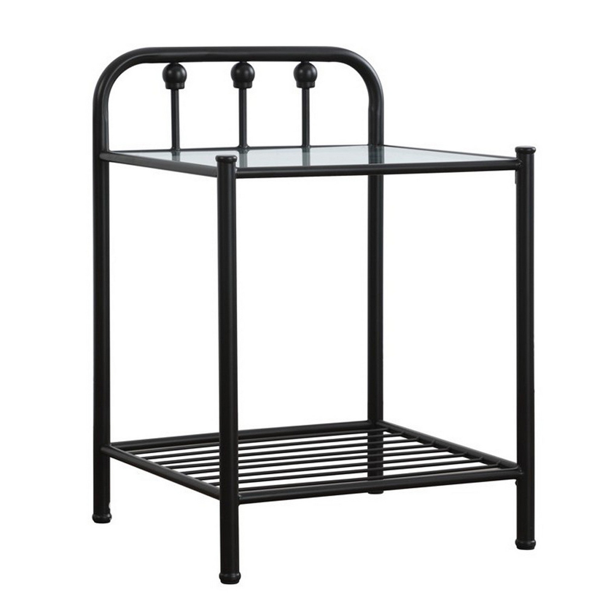  Metal Nightstand With Glass Top And Slated Open Bottom Shelf, Black By Benzara 