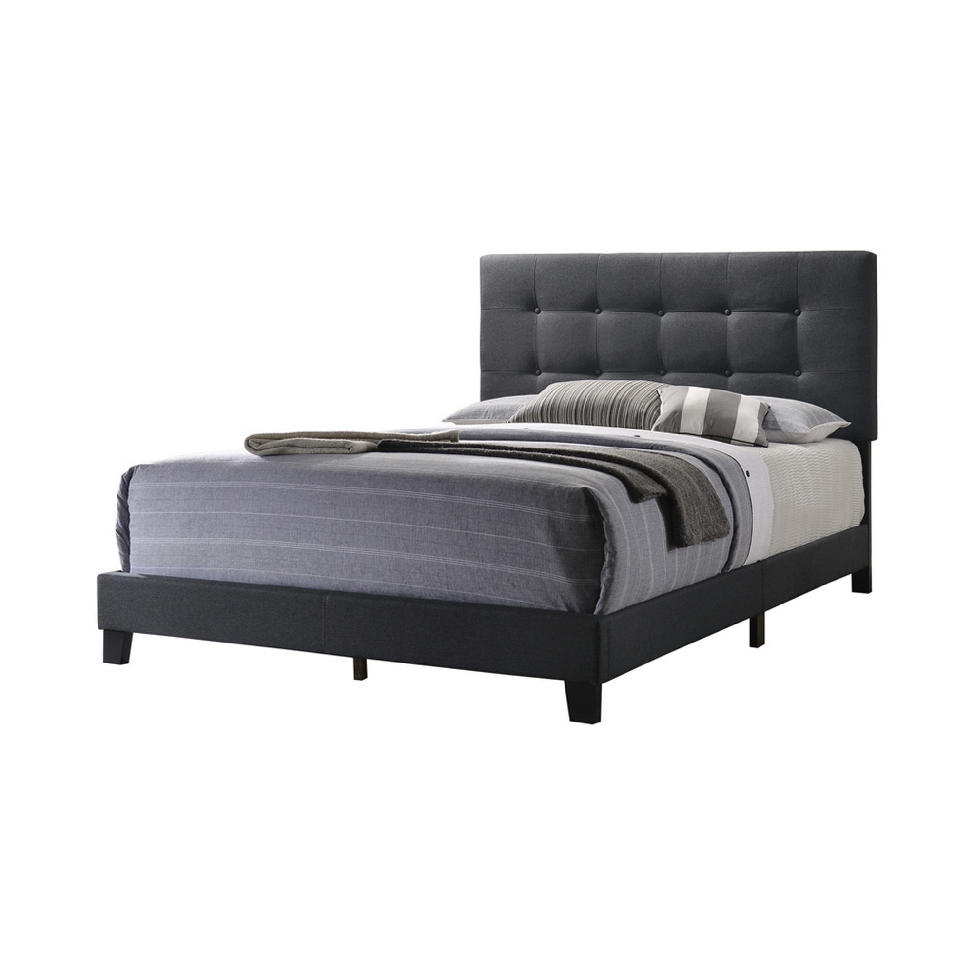  Full Size Bed With Square Button Tufted Headboard, Dark Gray By Benzara 