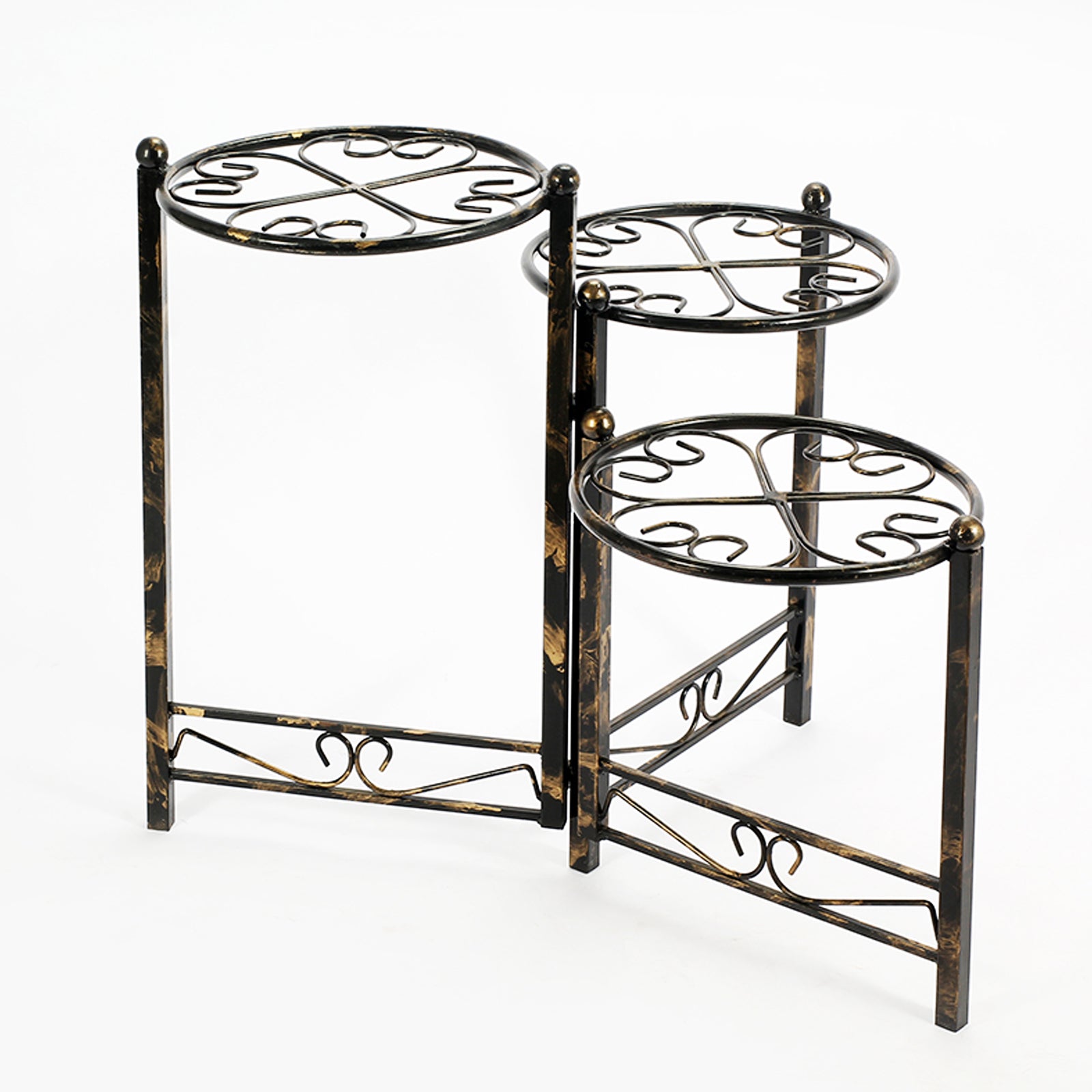  3 Tier Heart Clover Design Round Top Metal Plant Stand, Black By Benzara 