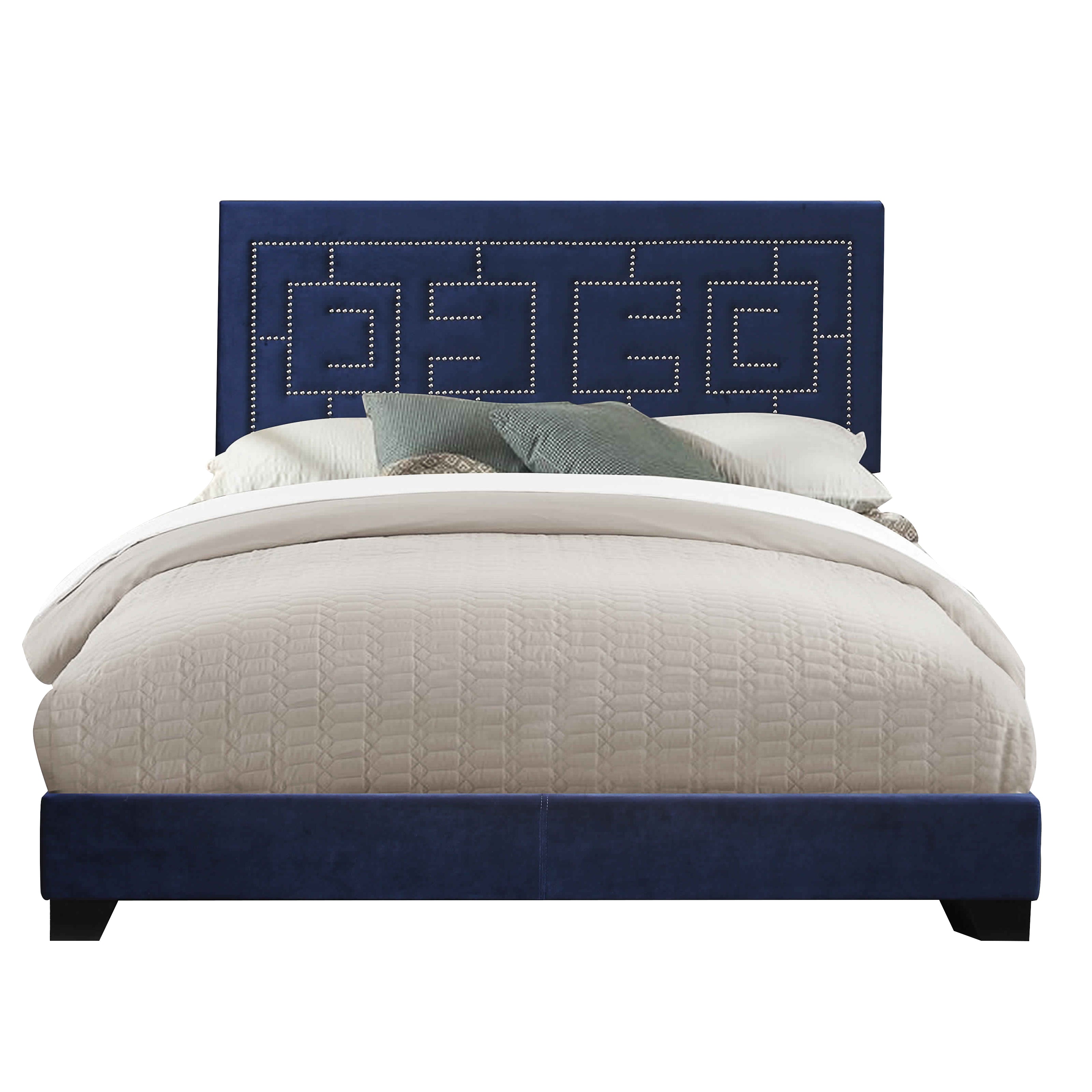  Fabric Eastern King Bed With Geometric Pattern Nailhead Trims, Blue By Benzara 