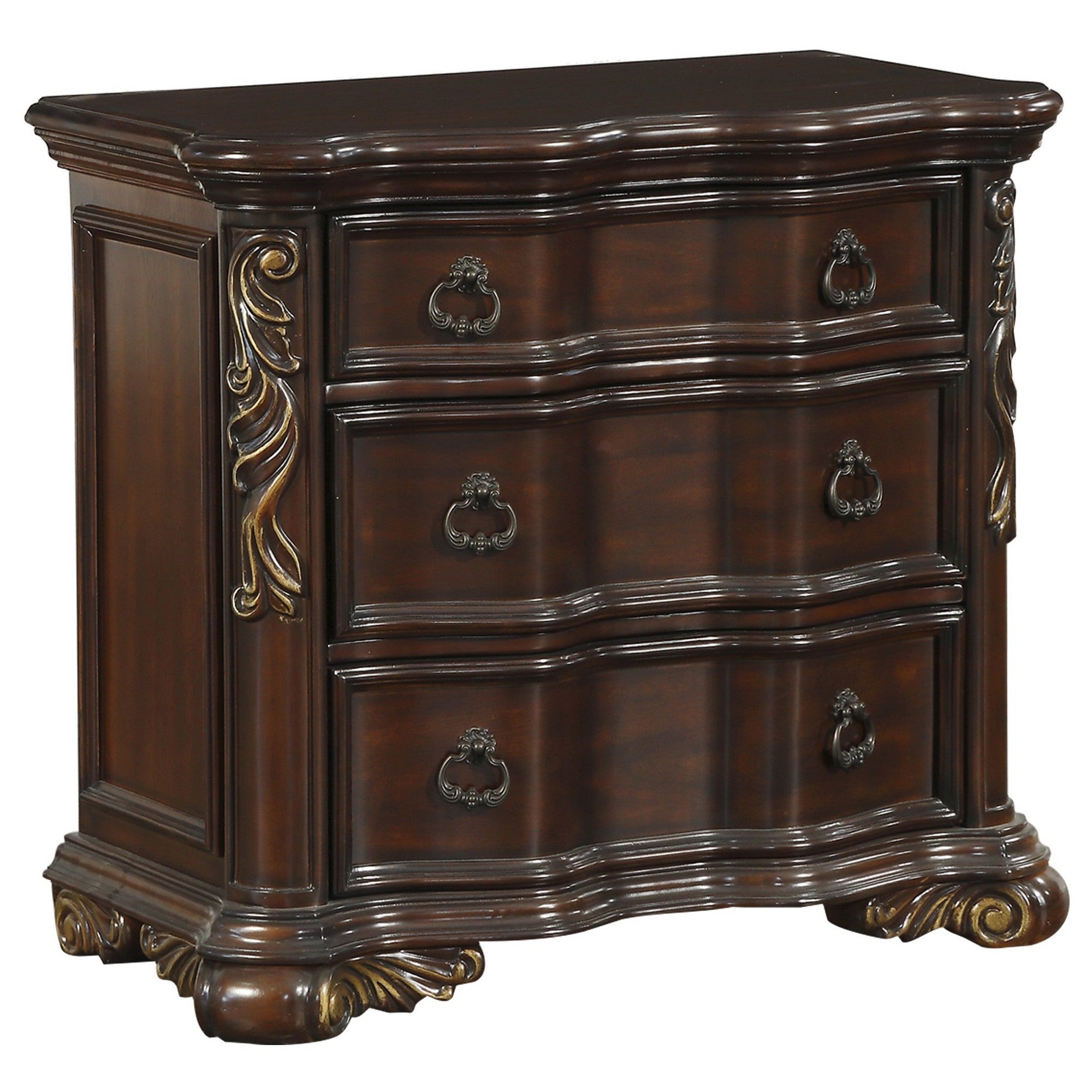  3 Drawer Nightstand With Carved Pilaster And Bracket Feet, Cherry Brown By Benzara 