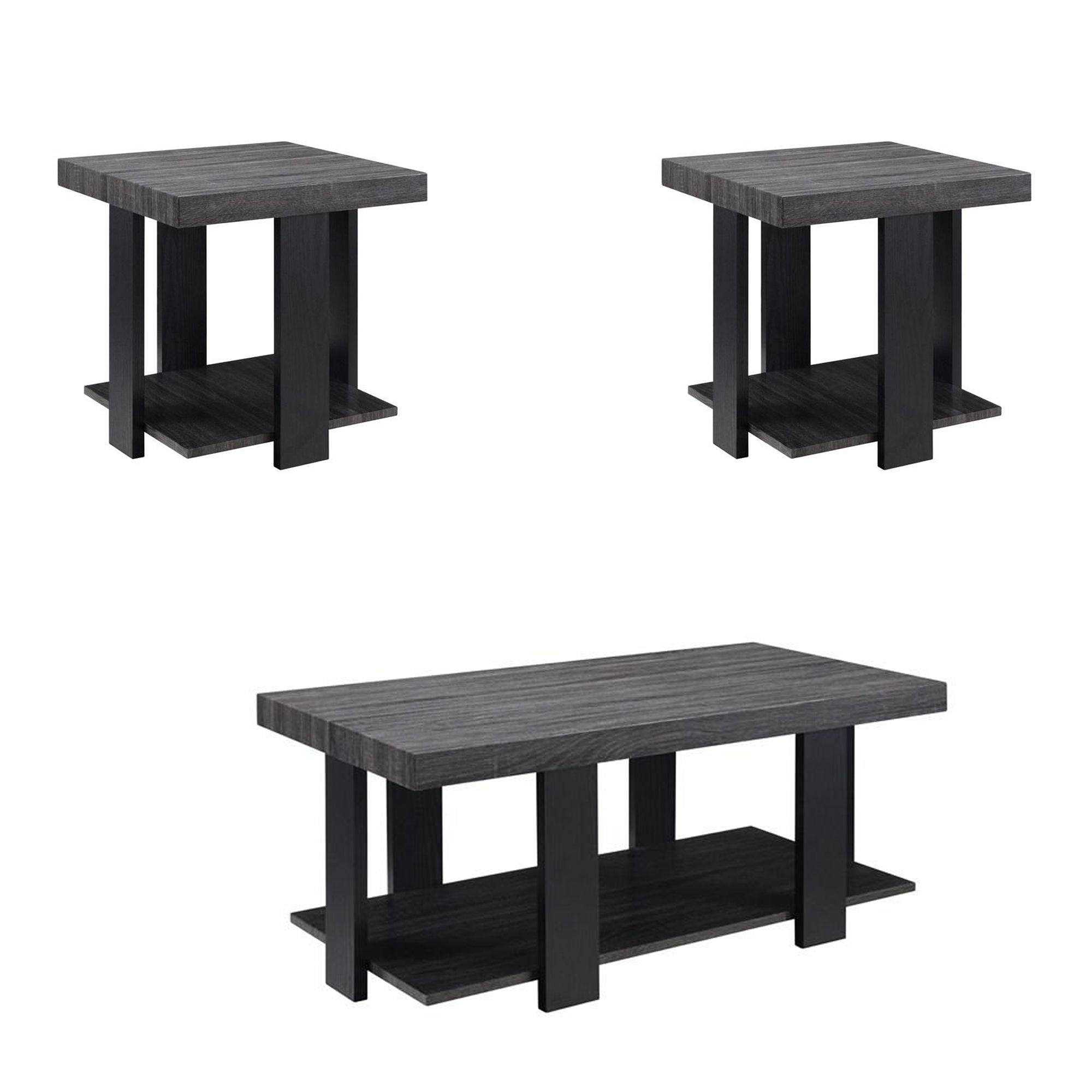  Wood And Metal 3 Piece Cocktail Table Set Gray And Black By Benzara 