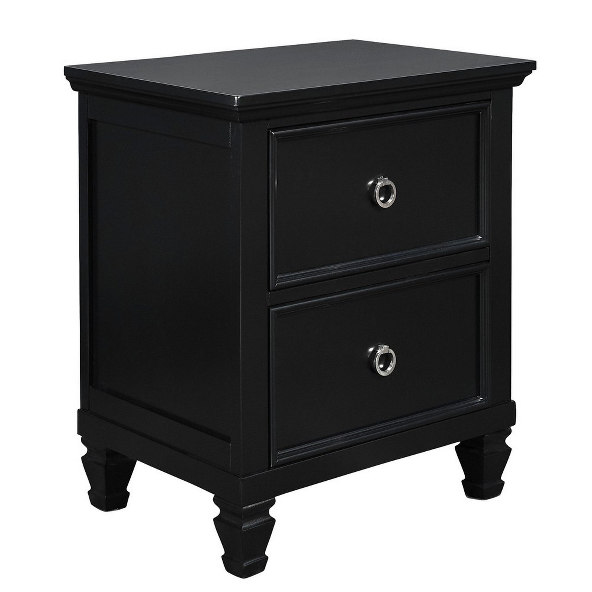  2 Drawer Wooden Nightstand With Tapered Legs And Metal Rings, Black By Benzara 