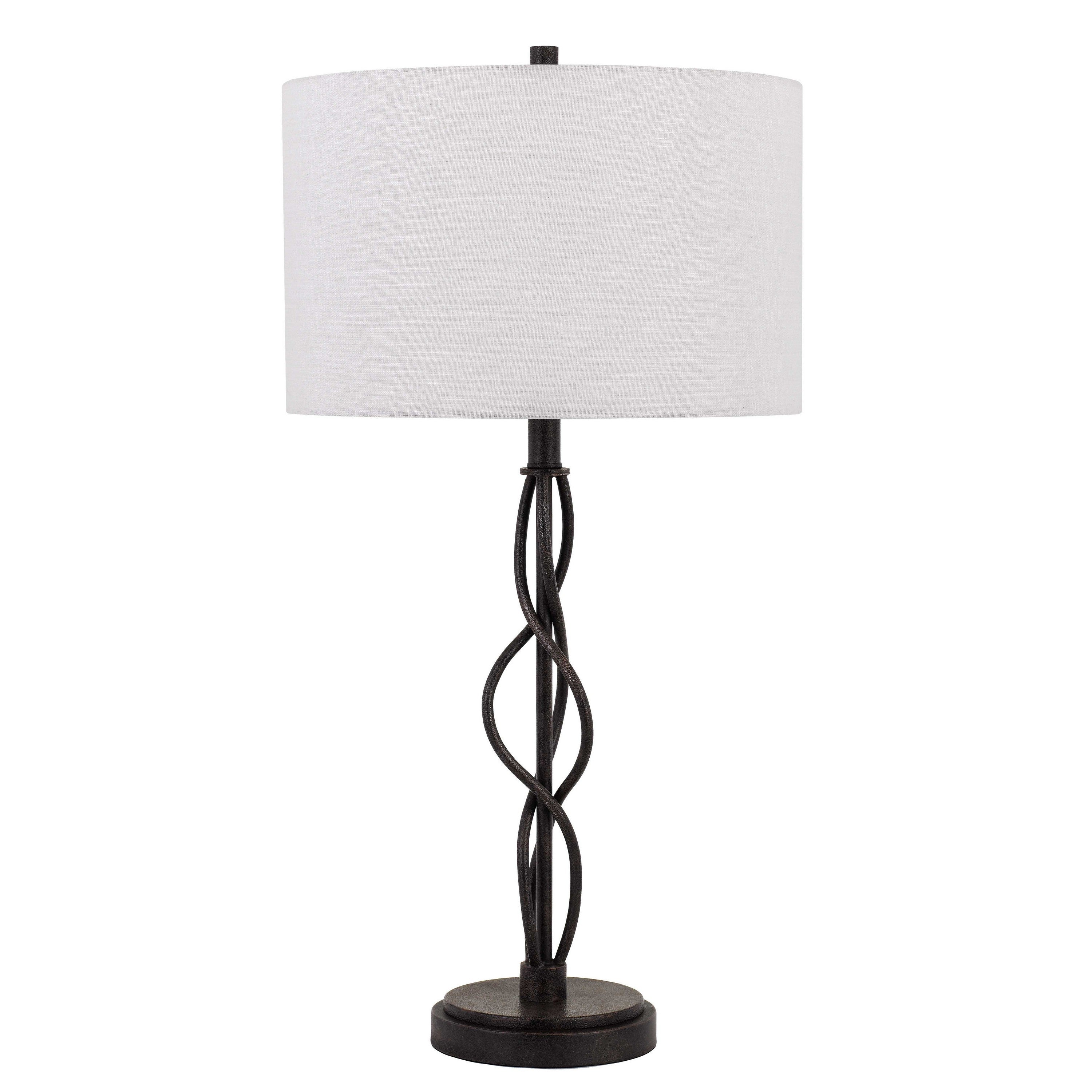  Round Fabric Shade Table Lamp With Metal Spiral Design Base,White And Black By Benzara 