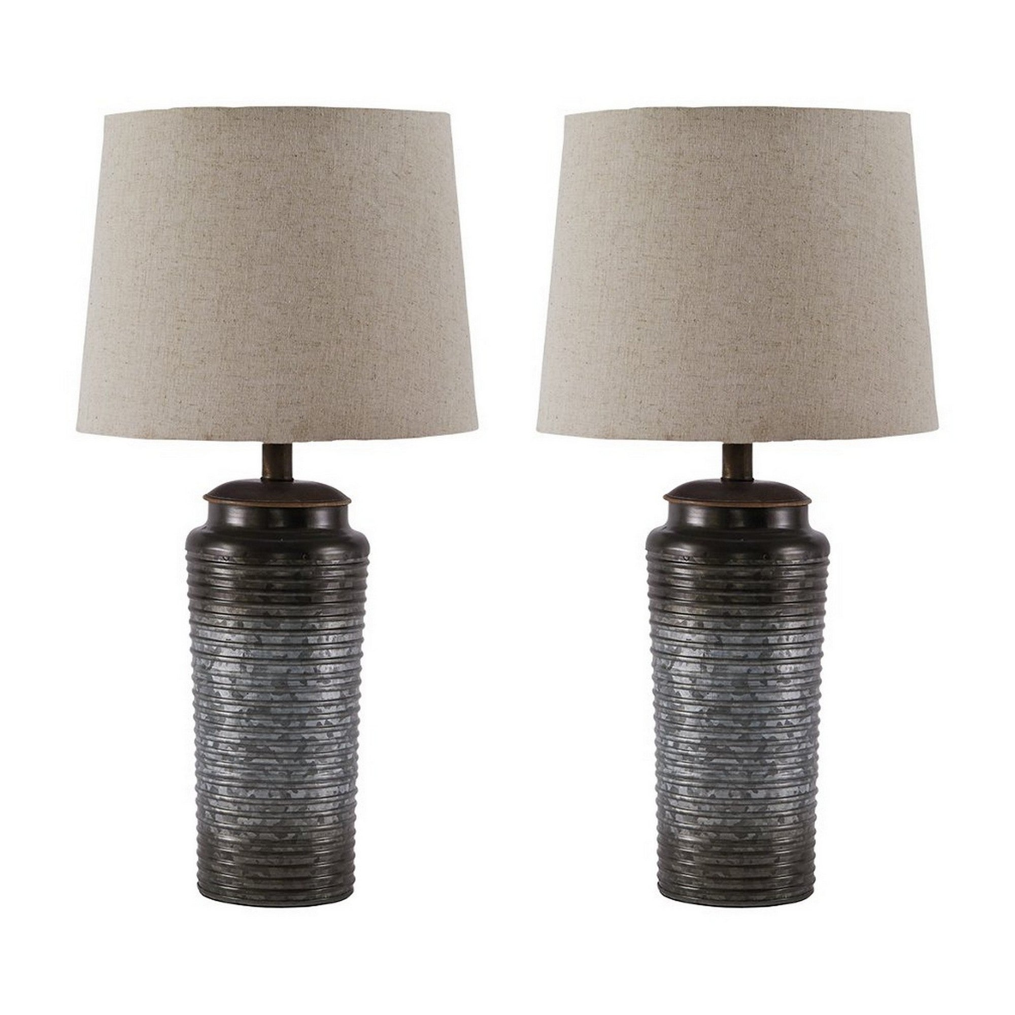  Ribbed Design Metal Body Table Lamp With Tapered Fabric Shade Set Of 2 Gray By Benzara 