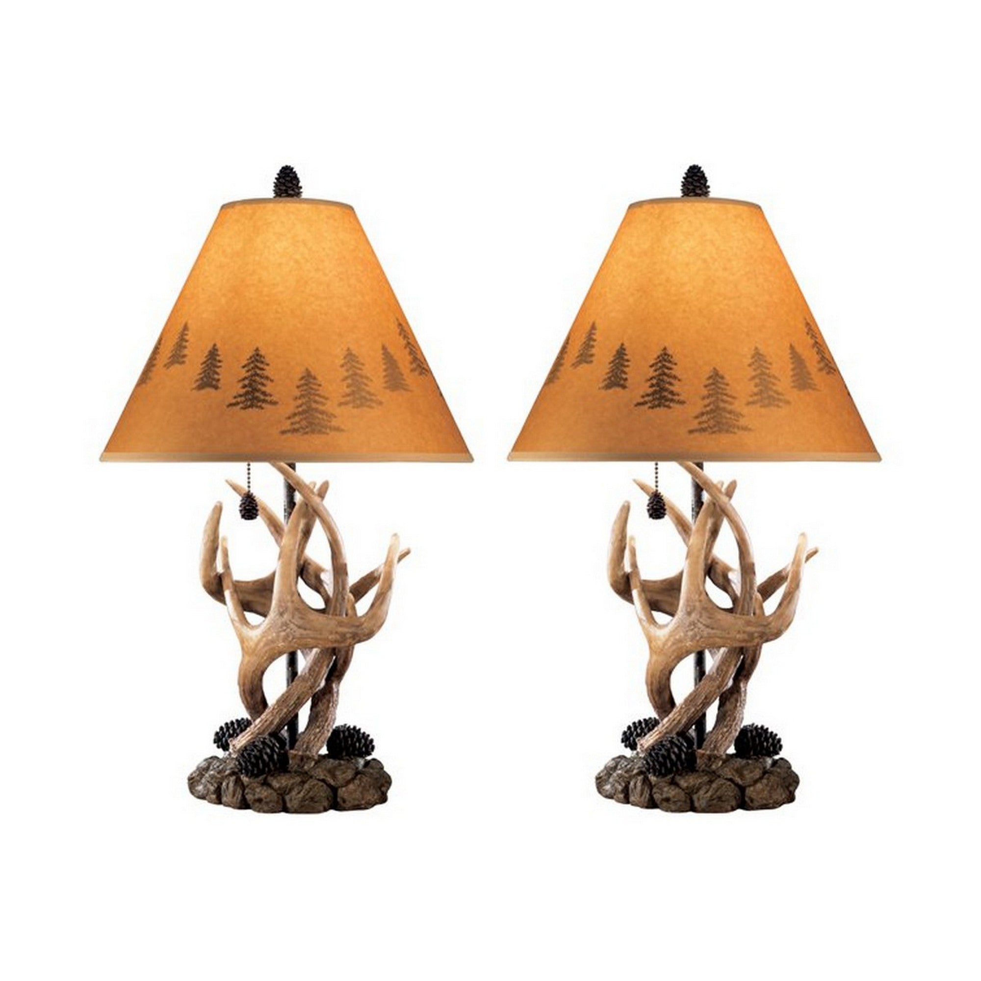  Resin Body Table Lamp With Antler And Pinecone Design Set Of 2 Brown By Benzara 