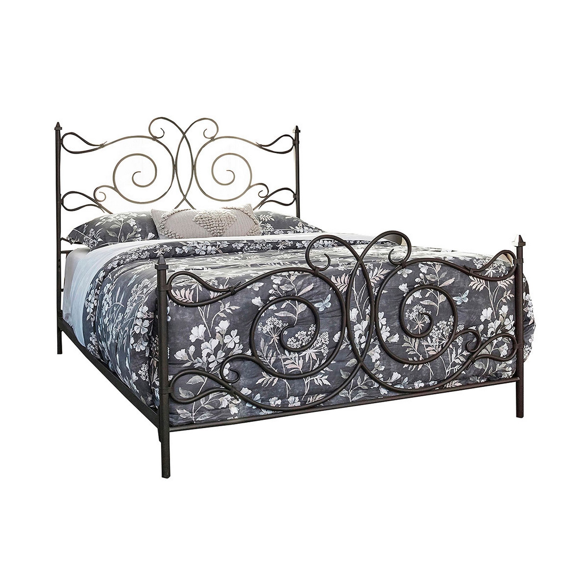  Open Frame Scroll Design Metal Queen Bed Dark Bronze By Benzara 