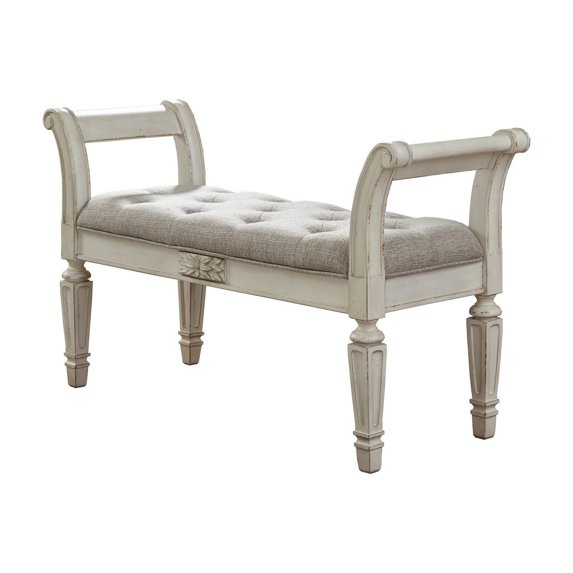  46 Inches Tufted Fabric Padded Wooden Accent Bench Antique White By Benzara 