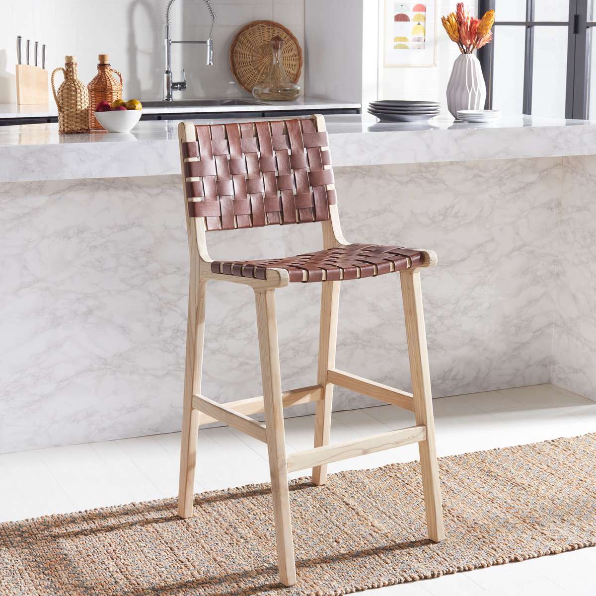  Safavieh Adah Leather Bar Stool - Cognac 