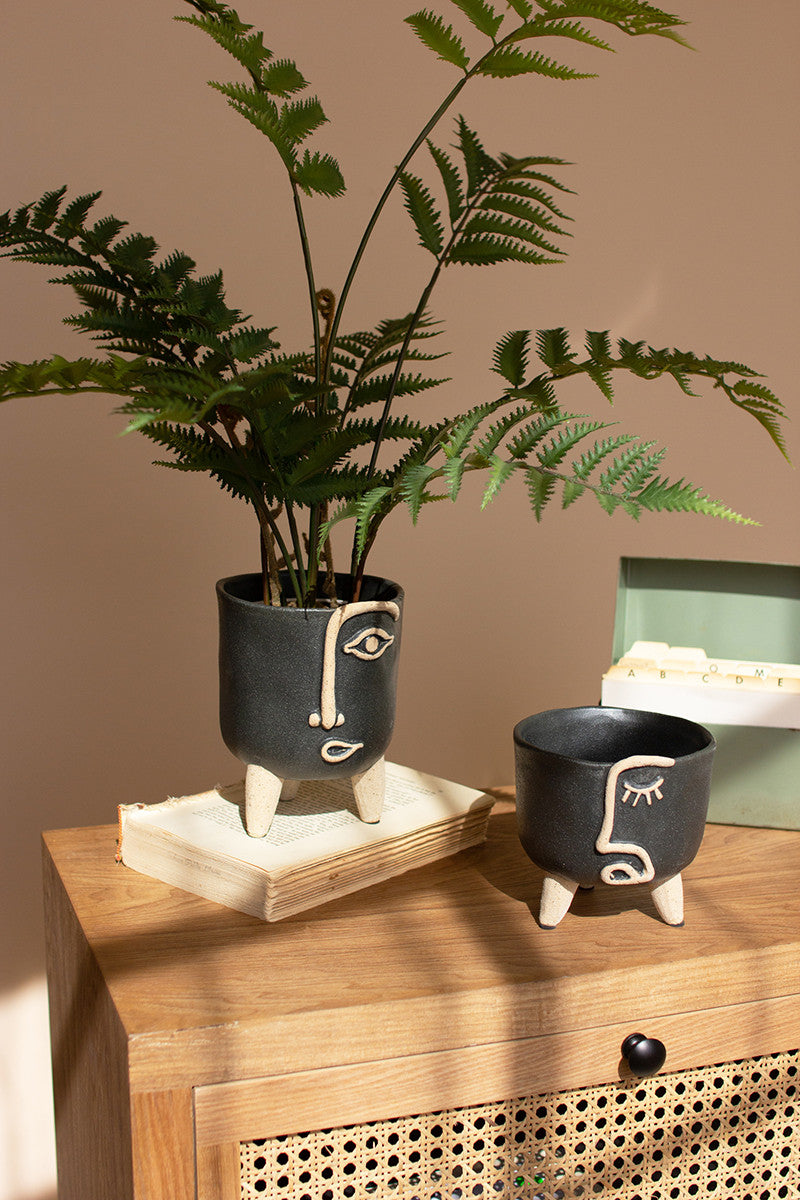  Set Of Two Ceramic Abstract Face Planters By Kalalou 