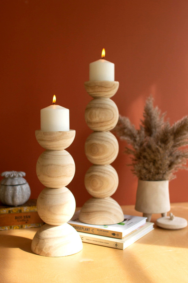  Hand Carved Wooden Stacked Ball Candle Holders Set Of 2 By Kalalou 