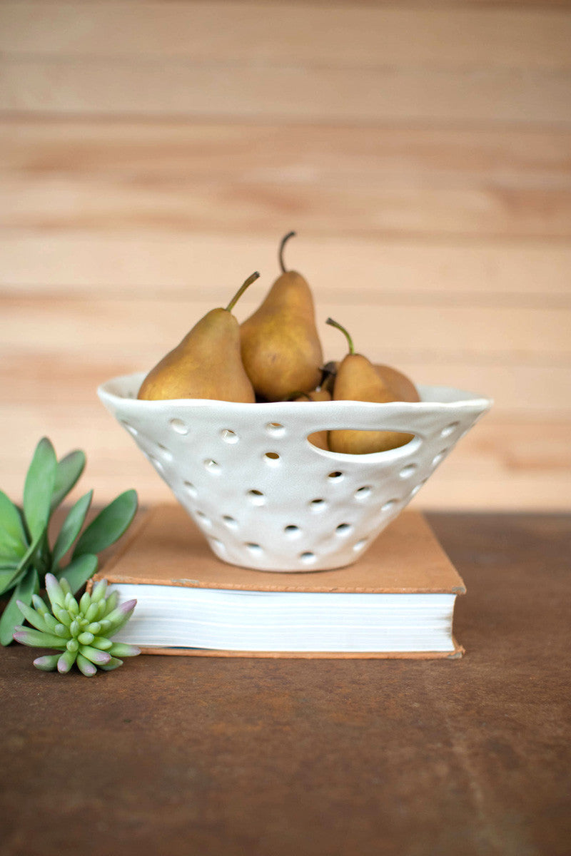  White Ceramic Berry Bowl With Holes - Handles By Kalalou 