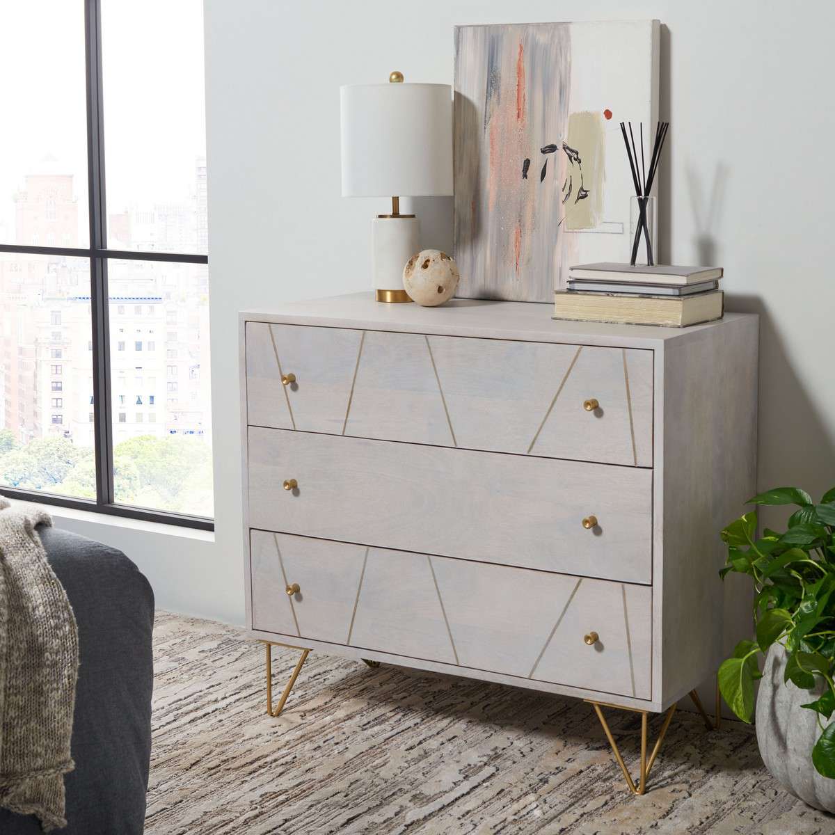  Safavieh Marigold 3 Drawer Chest - White Wash and Brass 