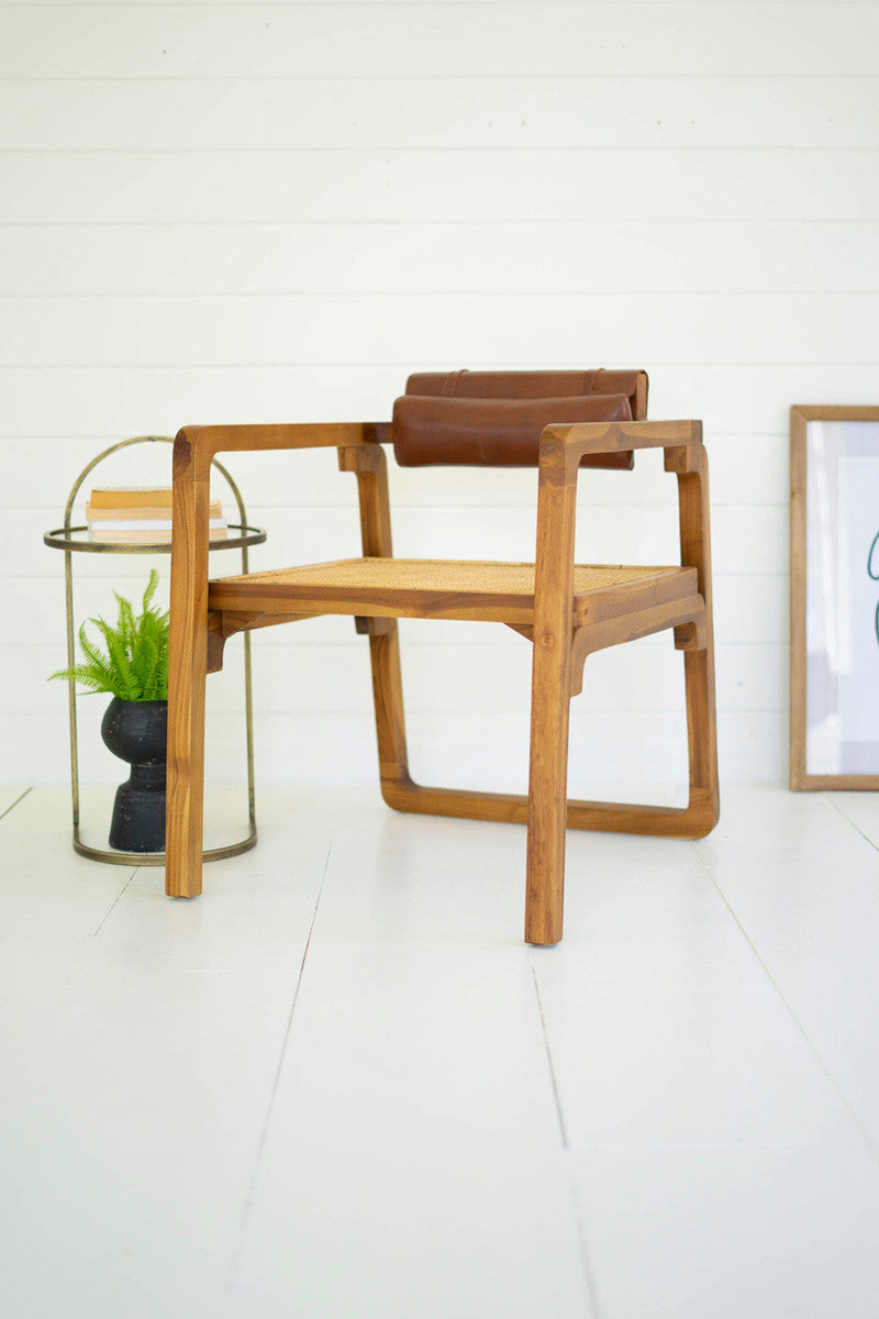  Bent Teak Arm Chair With Woven Seat And Leather Pad Back By Kalalou 