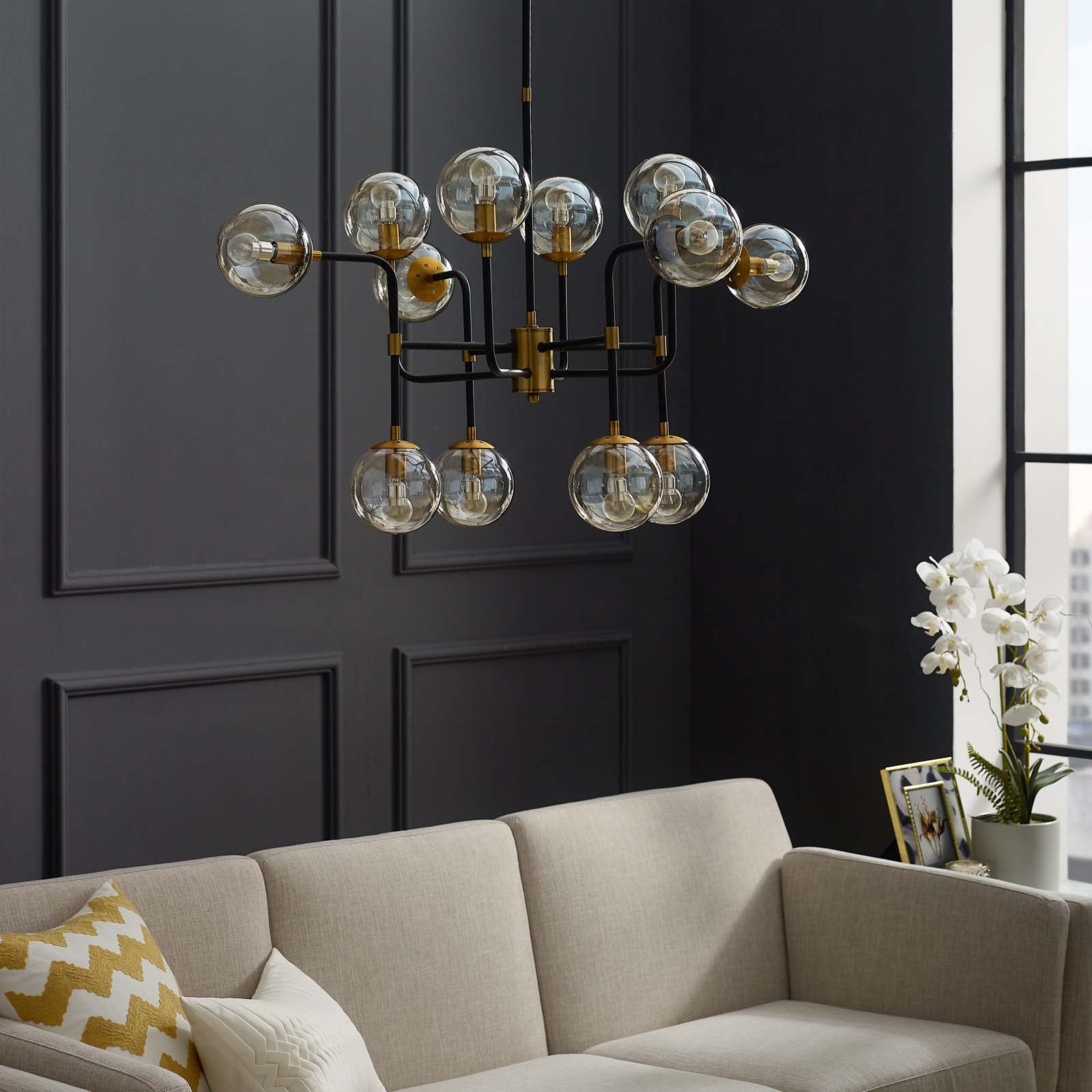  Ambition Amber Glass And Antique Brass 12 Light Pendant Chandelier By Modway - EEI-2884 