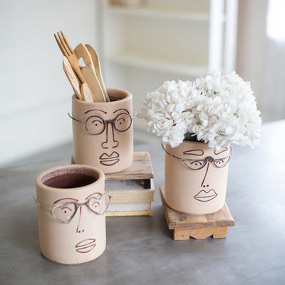 Kalalou Planters- Clay Face Pots Wire Glasses,Set Of 3