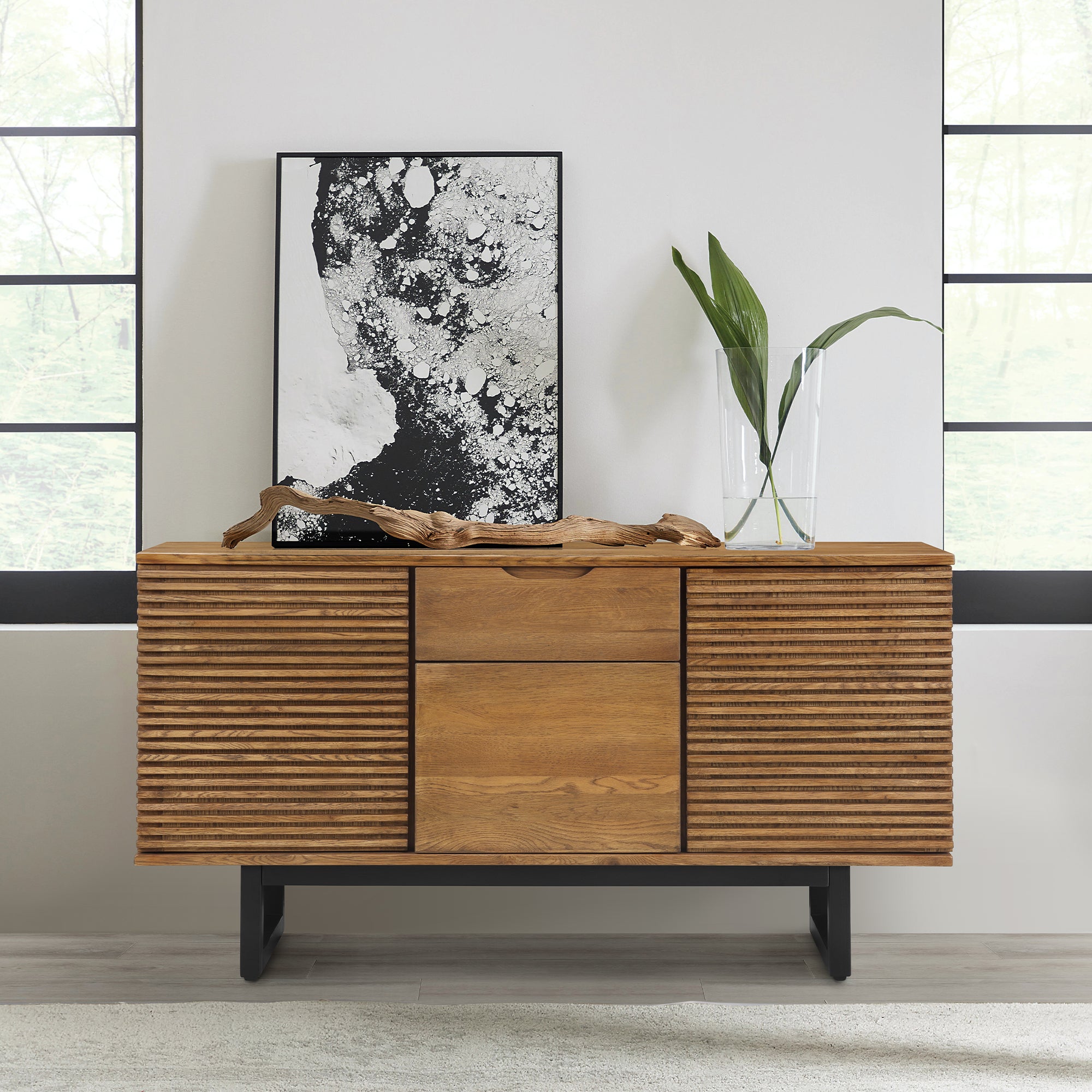  Aldo Brown Oak Sideboard Buffet Cabinet in Brown Oak Wood with Black Metal Legs By Armen Living 