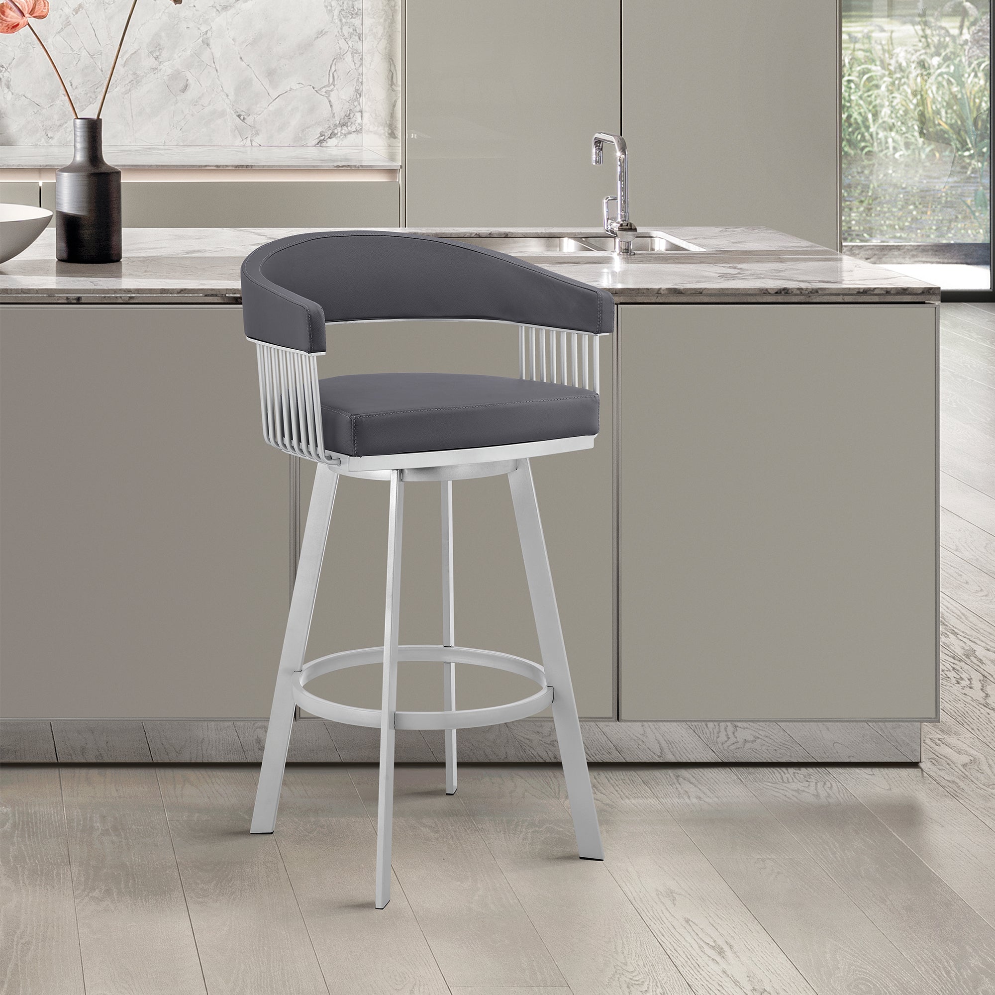  Chelsea 29" Slate Grey Faux Leather and Silver Metal Bar Stool By Armen Living 