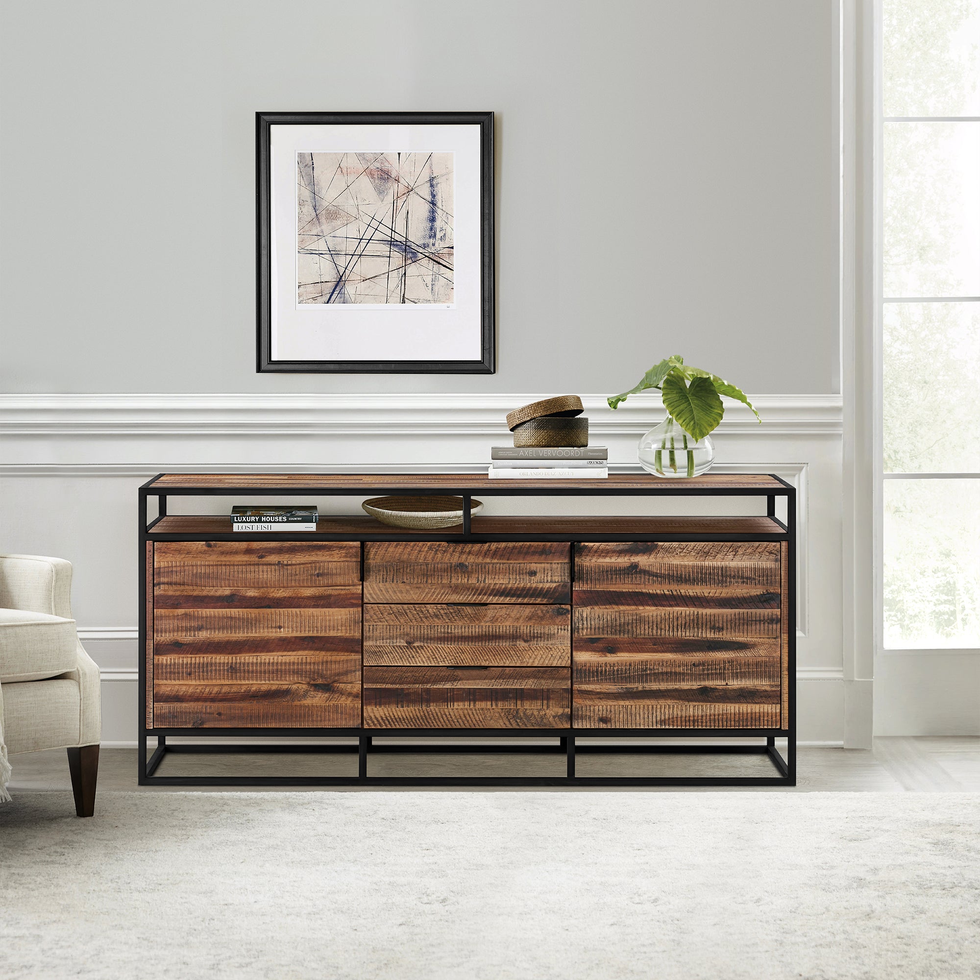  Ludgate 3 Drawer Sideboard Buffet in Acacia and Black Metal By Armen Living 