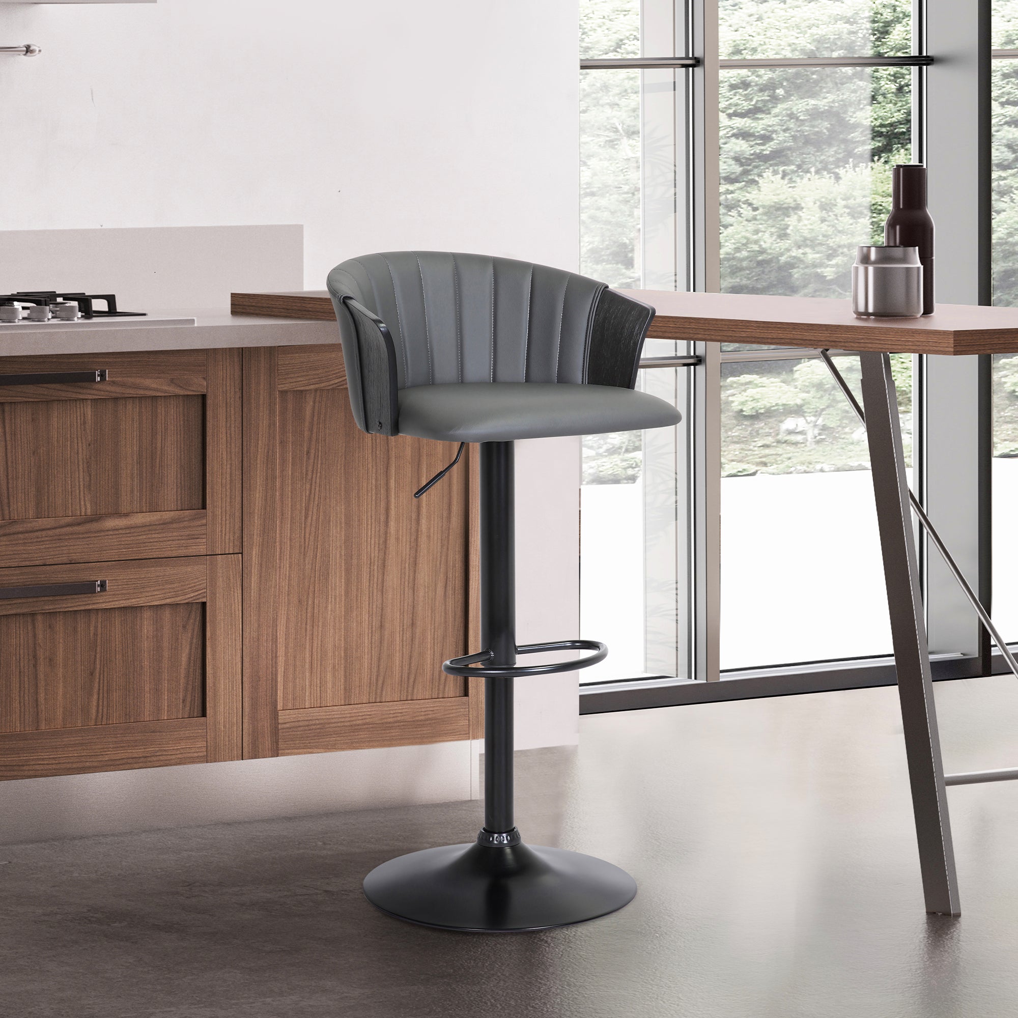  Lydia Adjustable Black Wood Bar Stool in Grey Faux Leather with Black Metal By Armen Living 