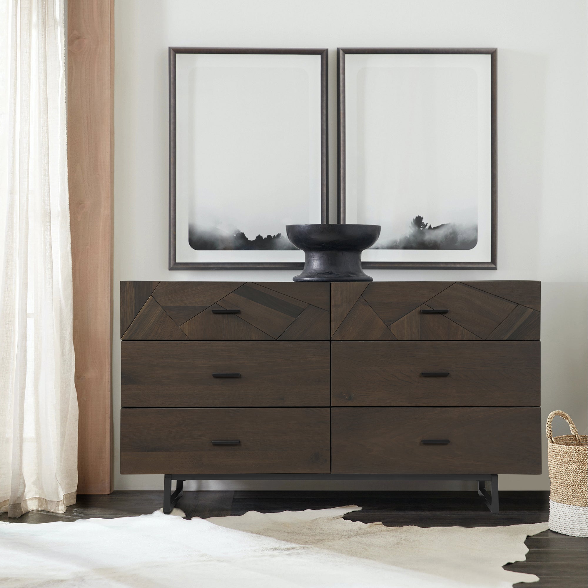  Marquis 6 Drawer Oak Wood Dresser with Black Metal Legs By Armen Living 