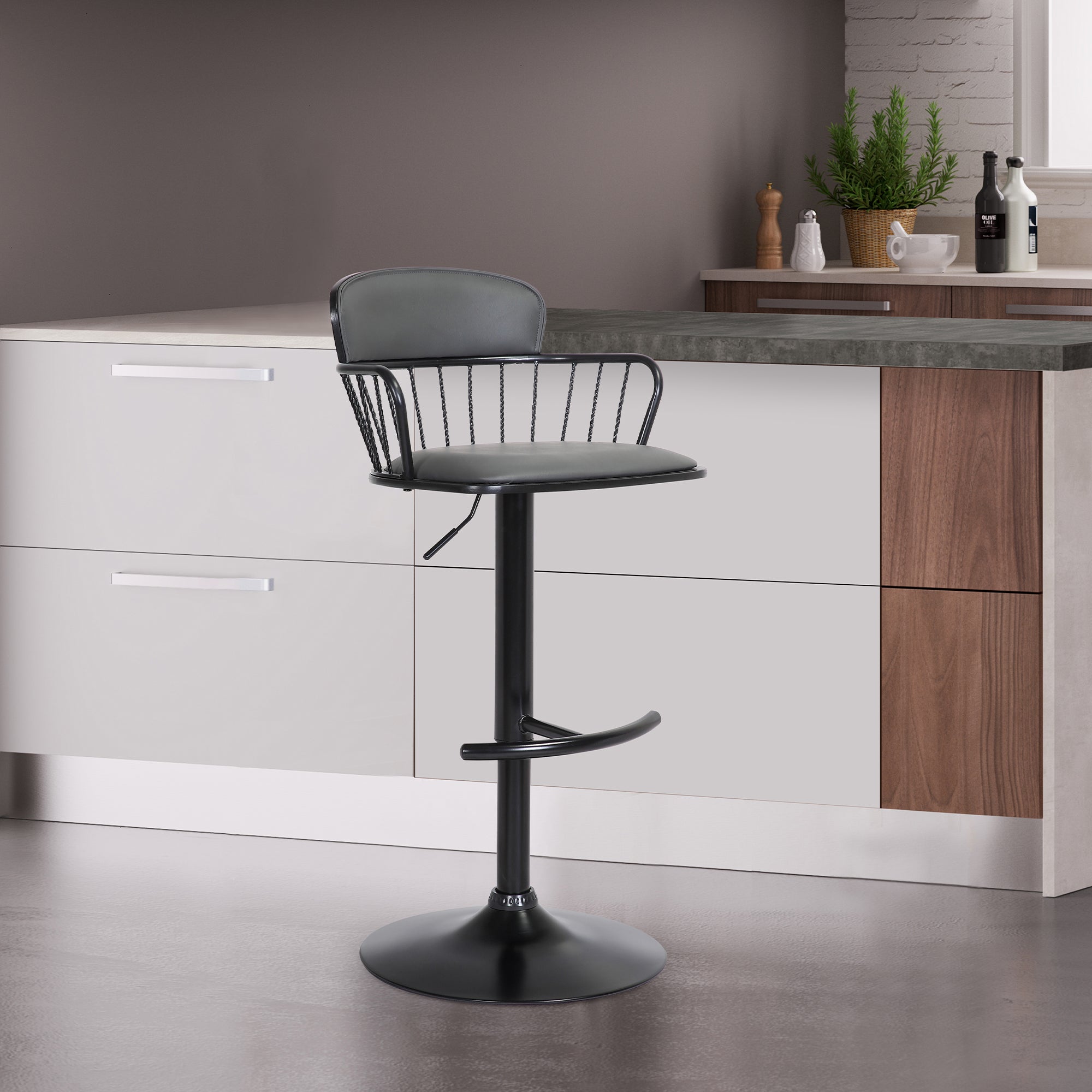  Nash Adjustable Black Wood Bar Stool in Grey Faux Leather with Black Metal By Armen Living 