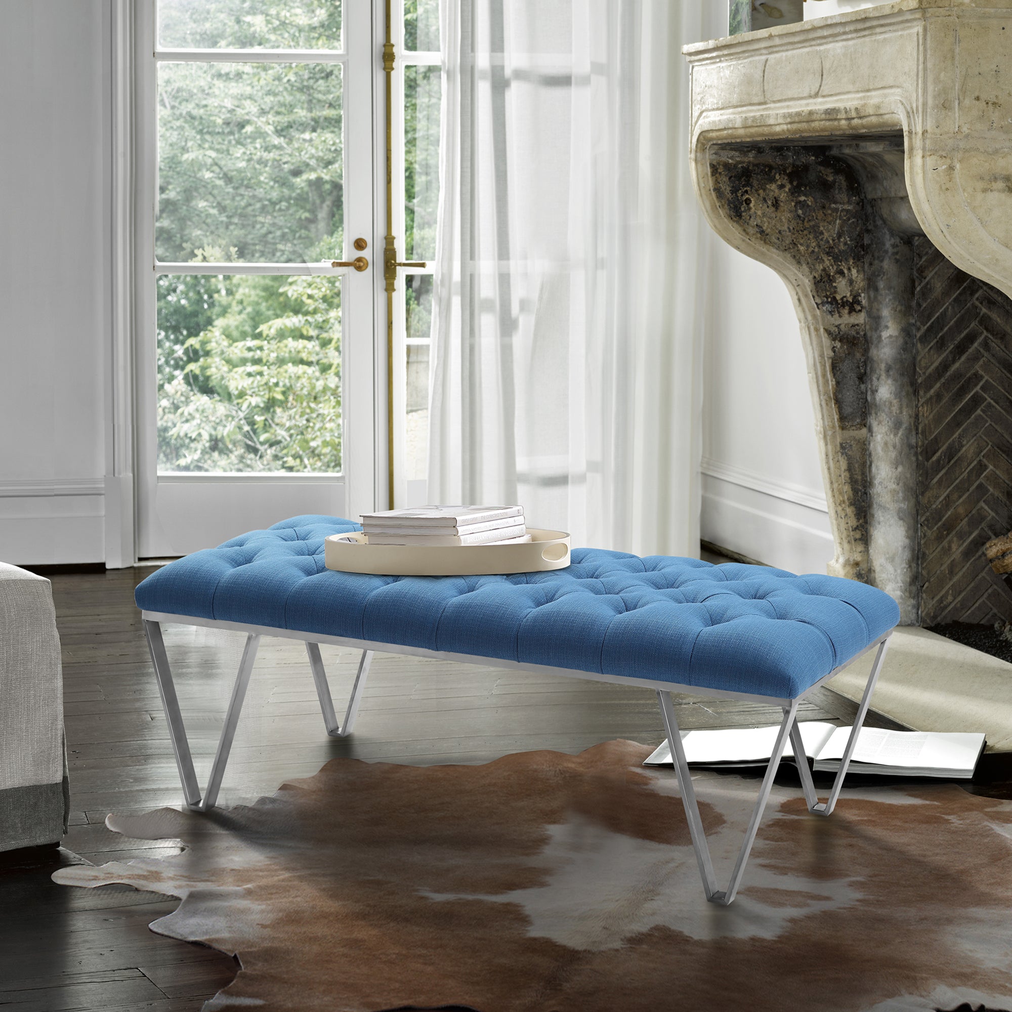  Serene Contemporary Tufted Bench in Brushed Stainless Steel with Blue Fabric By Armen Living 