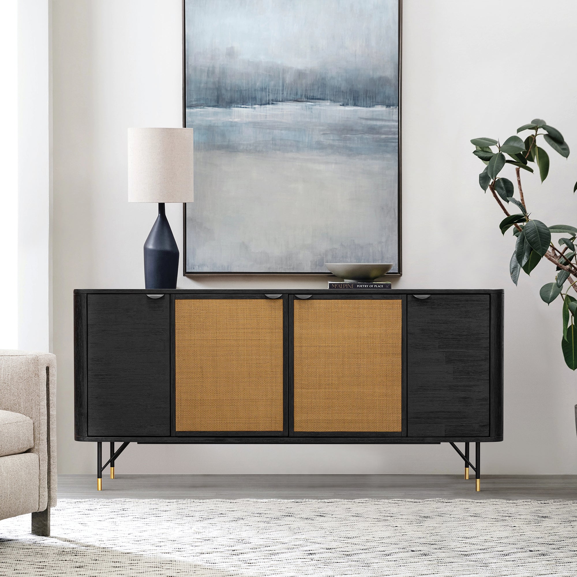  Saratoga Sideboard Buffet in Black Acacia with Rattan By Armen Living 