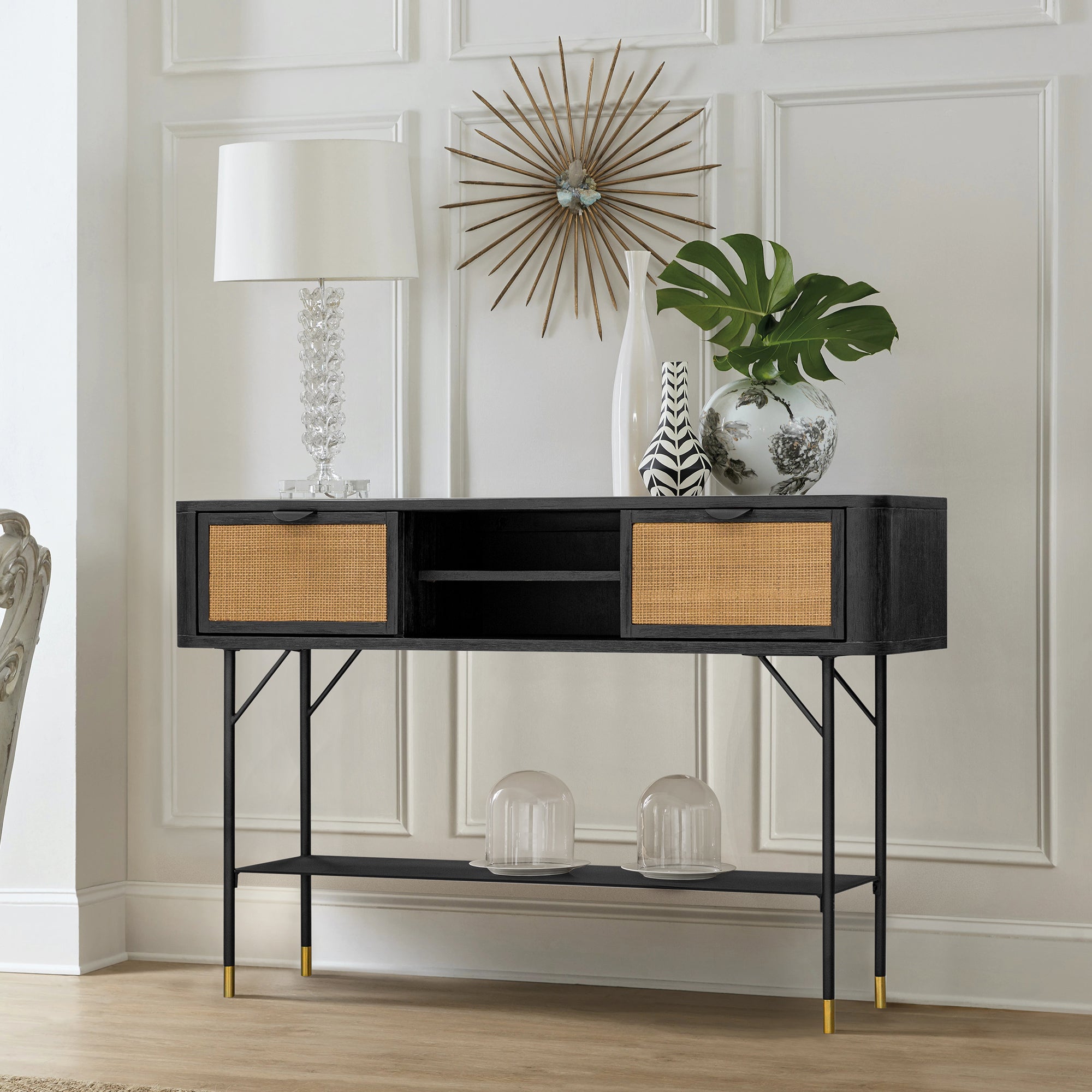  Saratoga Console Table in Black Acacia with Rattan By Armen Living 