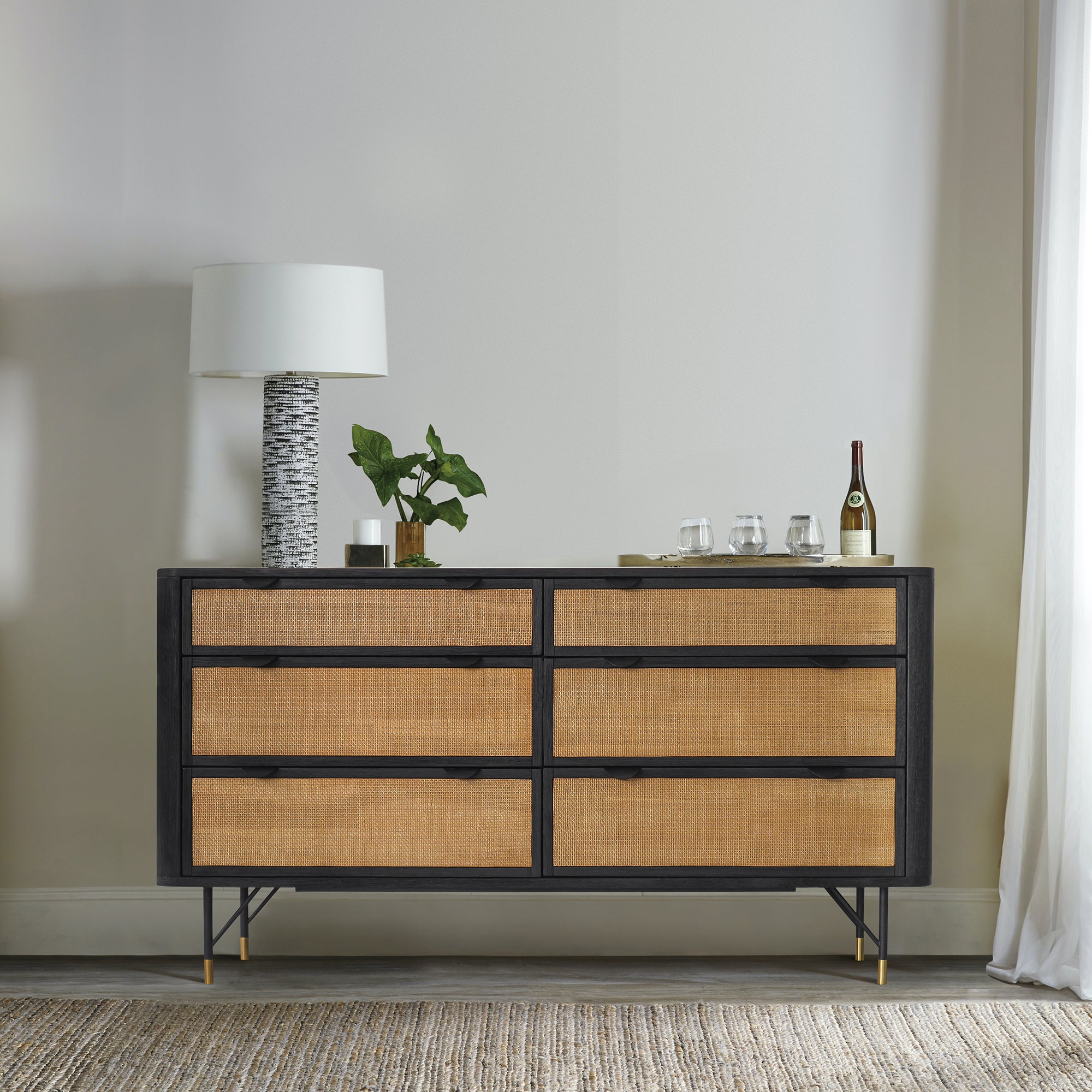  Saratoga 6 Drawer Dresser in Black Acacia with Rattan By Armen Living 