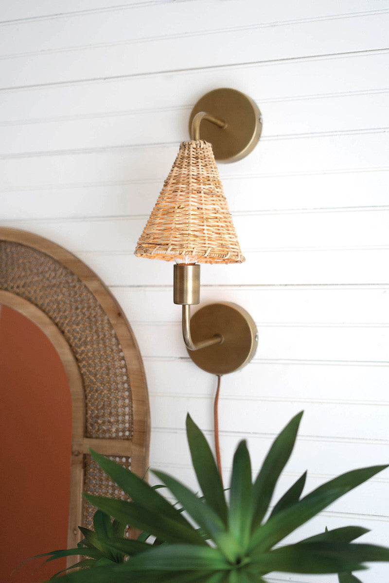  Double Antique Brass Wall Lamp With Woven Wicker Shade By Kalalou 