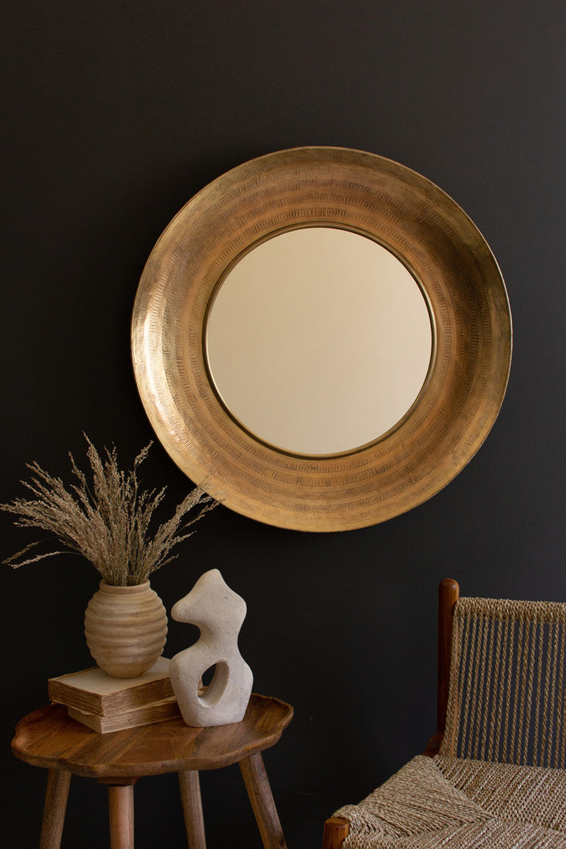  Round Hand Hammered Antique Brass Frame With Mirror By Kalalou 