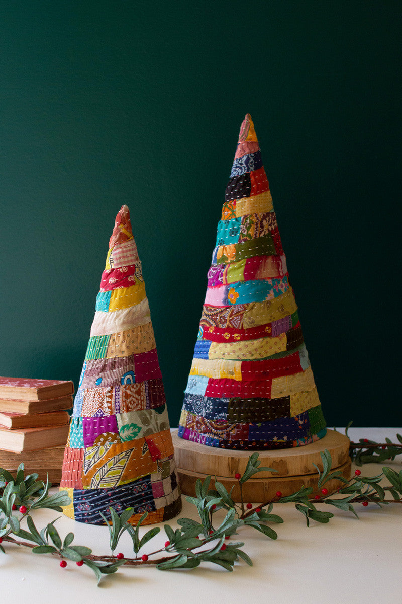  Set Of Two Large Kantha Christmas Topiaries By Kalalou 