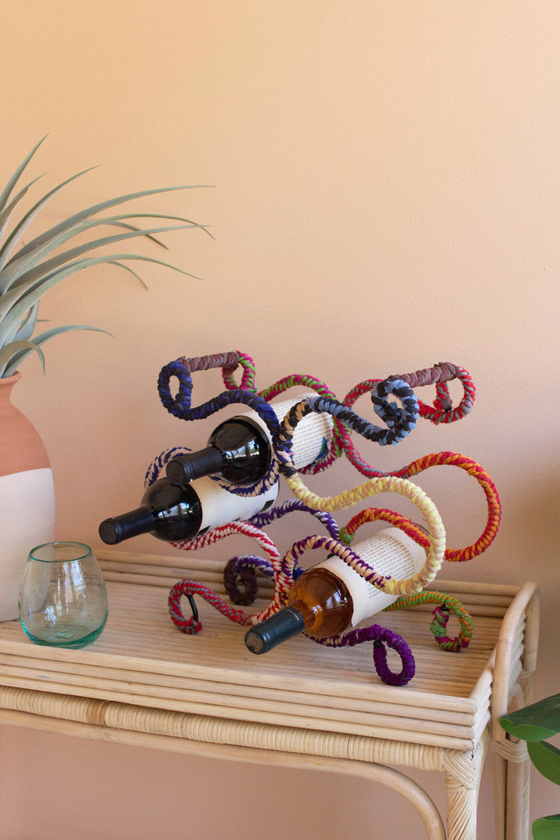  Kantha Wrapped Iron Table Top Wine Rack By Kalalou 