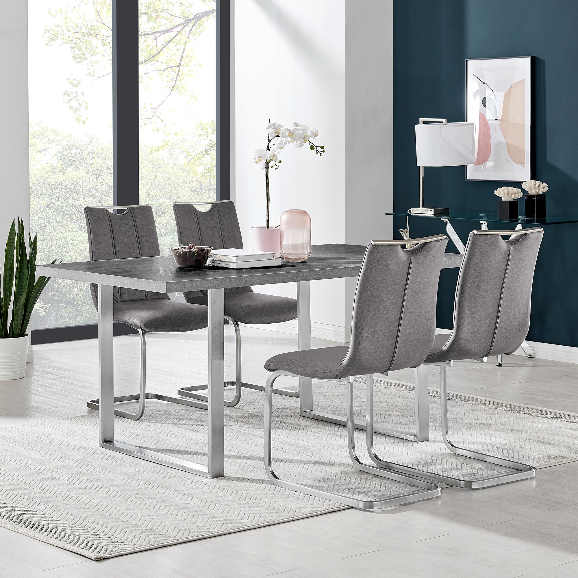  Fenton and Pacific 5 Piece Modern Rectangular Dining Set with Metal Base in Gray Melamine Wood and Gray Fabric By Armen Living 