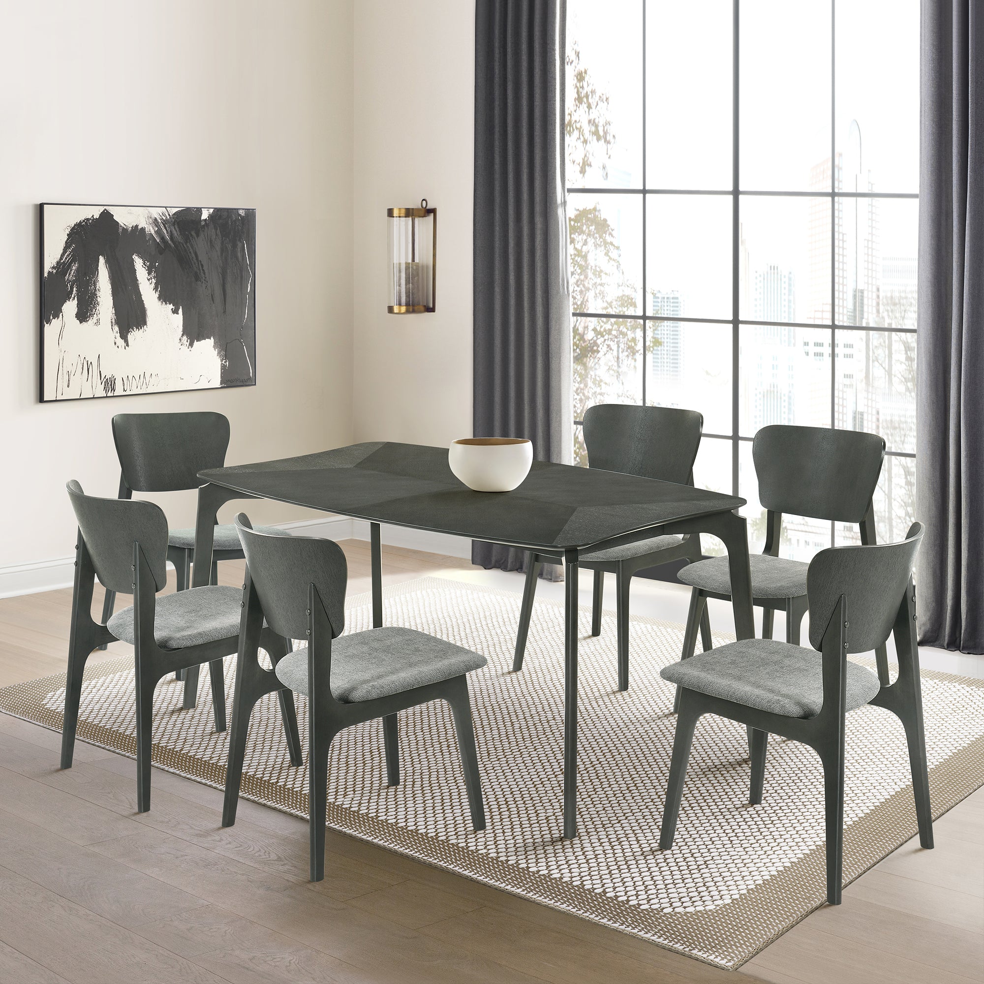  Kalia 7 Piece Wood Dining Set in Gray Finish with Gray Fabric By Armen Living 