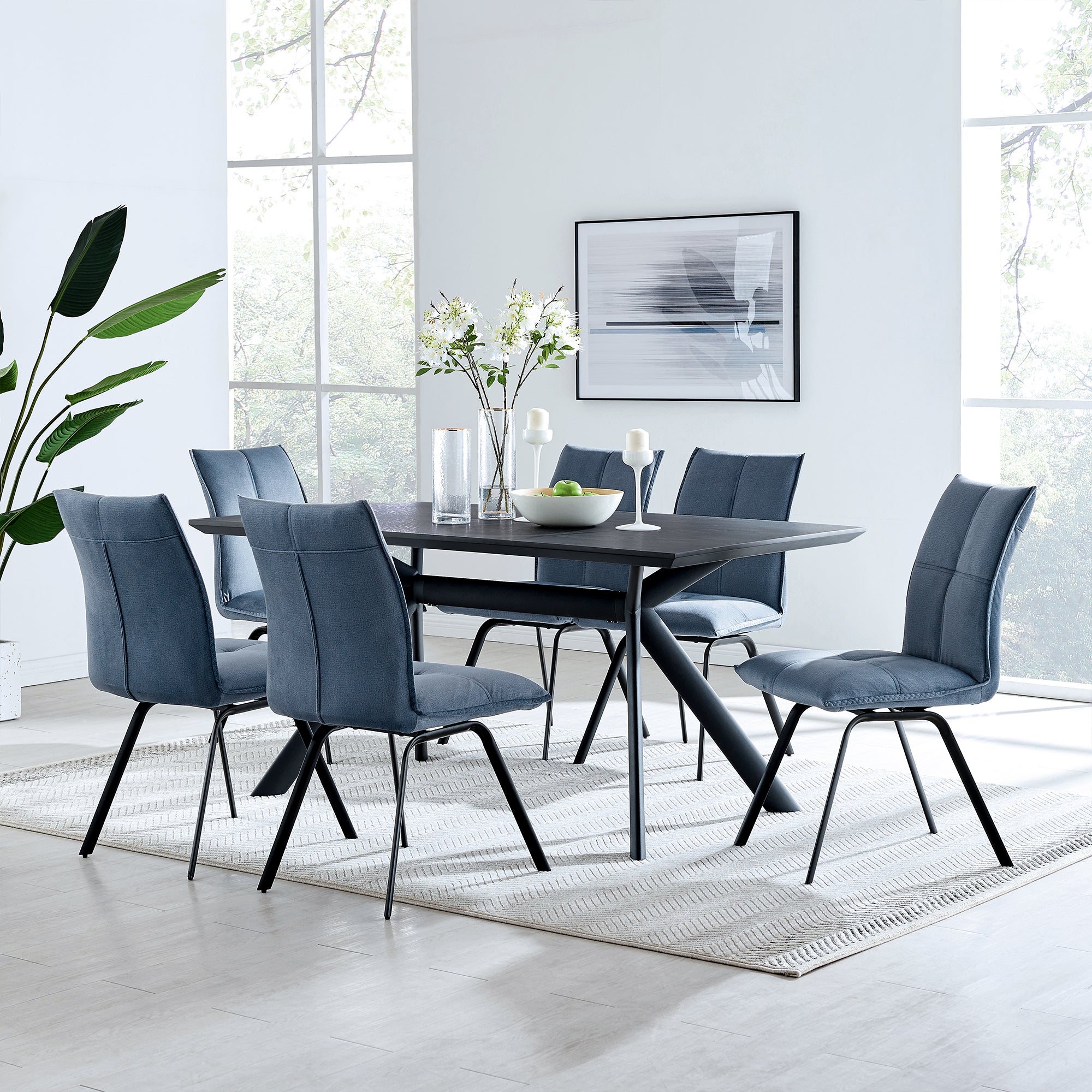  Margot and Rylee 7 Piece Modern Rectangular Dining Set in Black Melamine Wood and Blue Fabric By Armen Living 