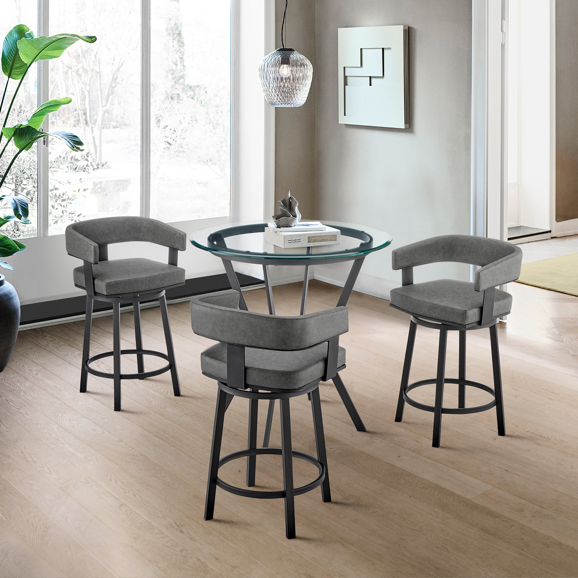  Naomi and Lorin 4-Piece Counter Height Dining Set in Black Metal and Grey Faux Leather By Armen Living 