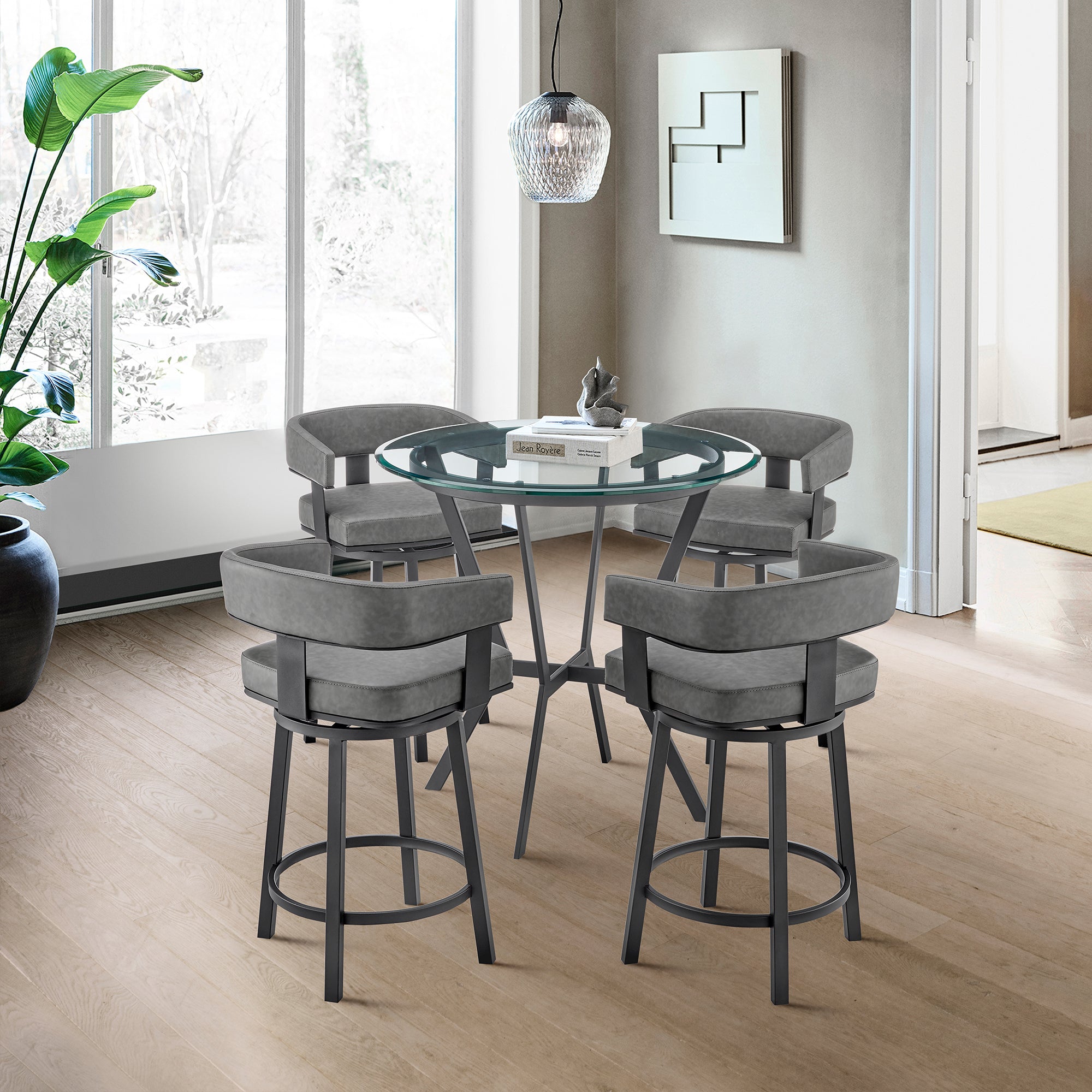  Naomi and Lorin 5-Piece Counter Height Dining Set in Black Metal and Grey Faux Leather By Armen Living 