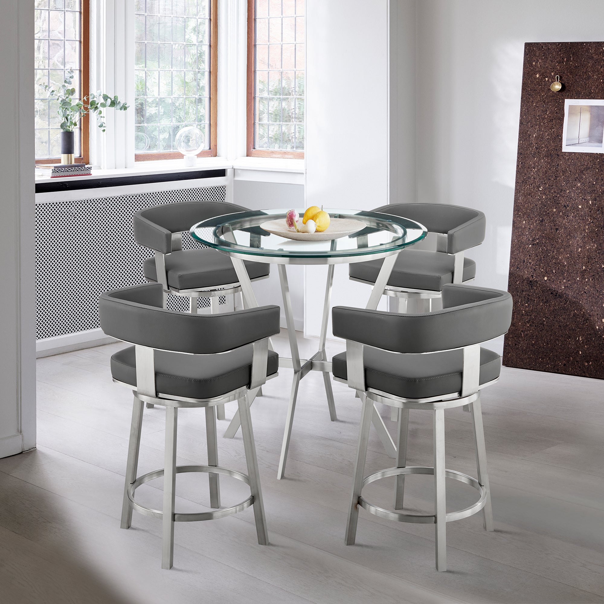  Naomi and Lorin 5-Piece Counter Height Dining Set in Brushed Stainless Steel and Grey Faux Leather By Armen Living 