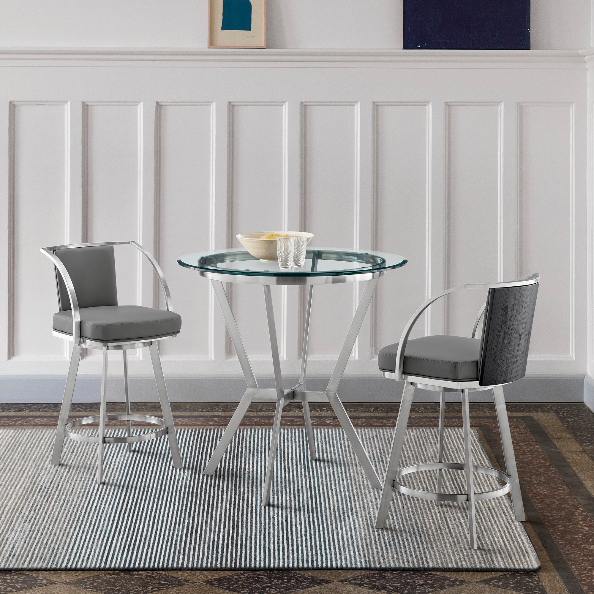  Naomi and Livingston 3-Piece Counter Height Dining Set in Brushed Stainless Steel and Grey Faux Leather By Armen Living 