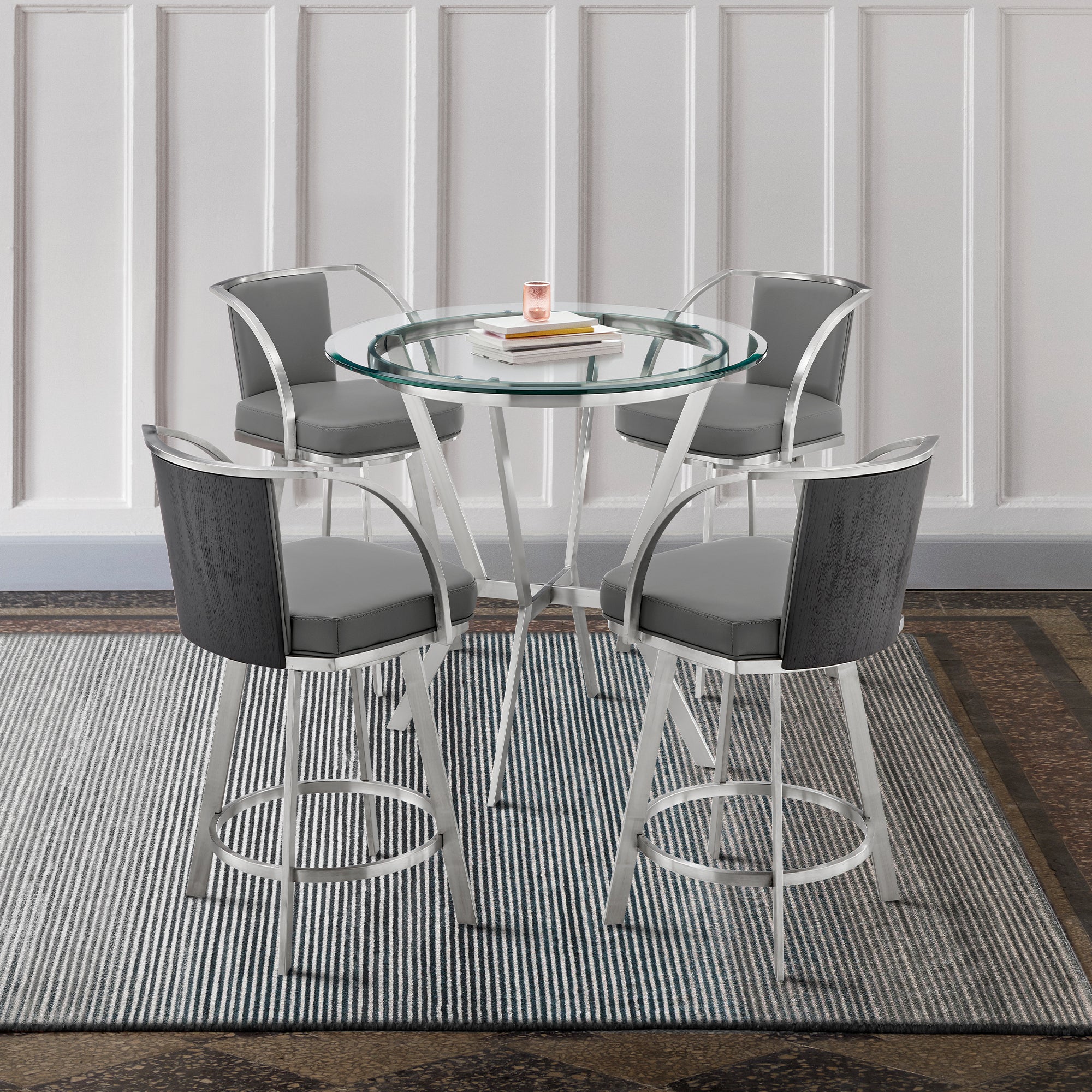  Naomi and Livingston 5-Piece Counter Height Dining Set in Brushed Stainless Steel and Grey Faux Leather By Armen Living 