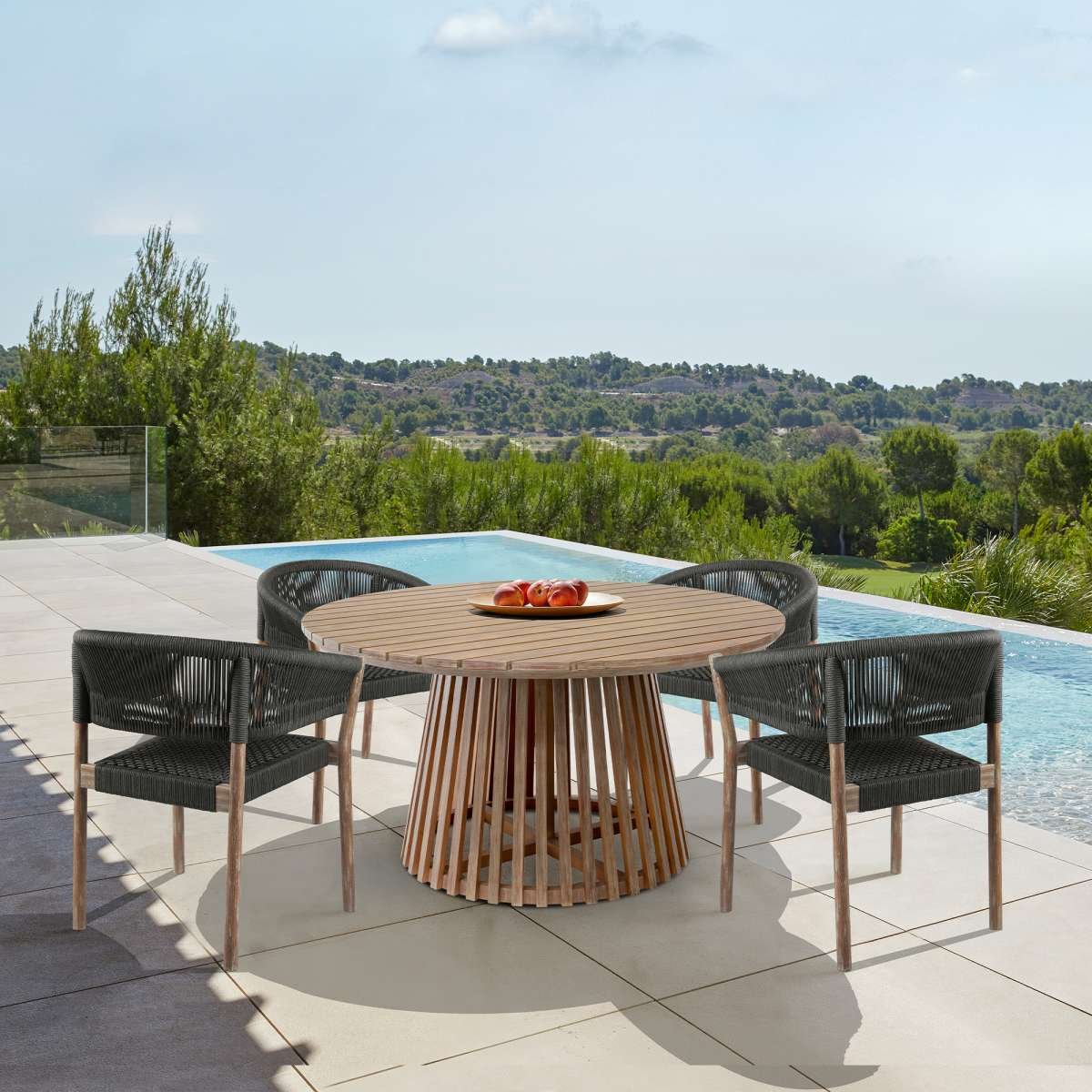  Escondido Doris Outdoor Patio 5 Piece Round Dining Set in Eucalyptus Wood and Black Rope By Armen Living 