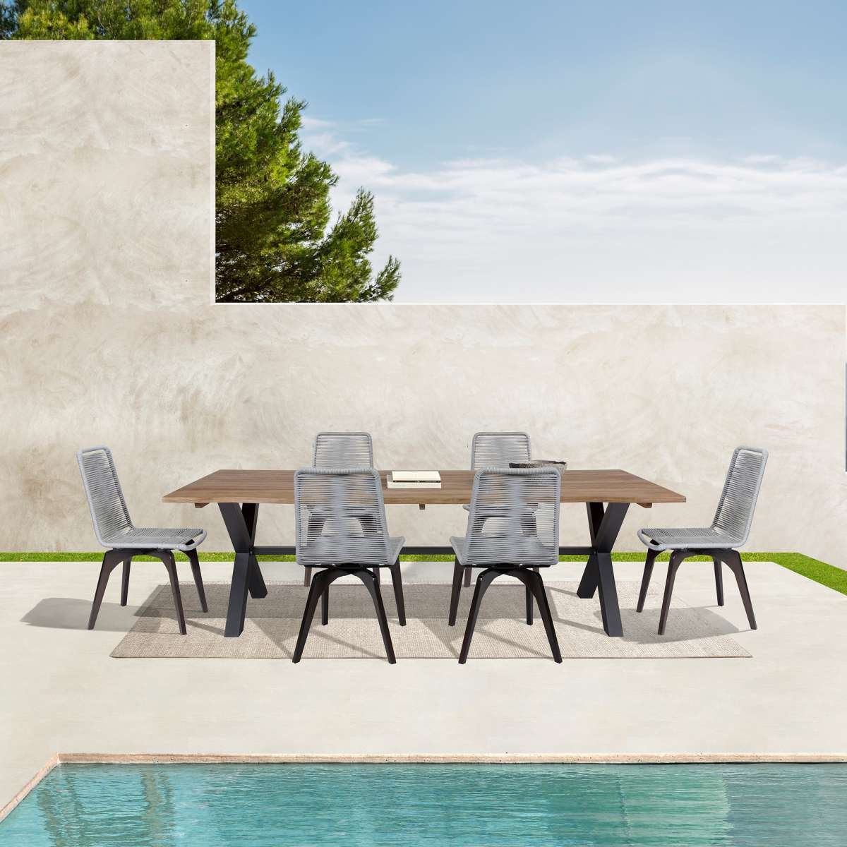  Glendora Island Outdoor Patio 7 Piece Live Edge Dining Set in Eucalyptus Wood and Silver Rope By Armen Living 