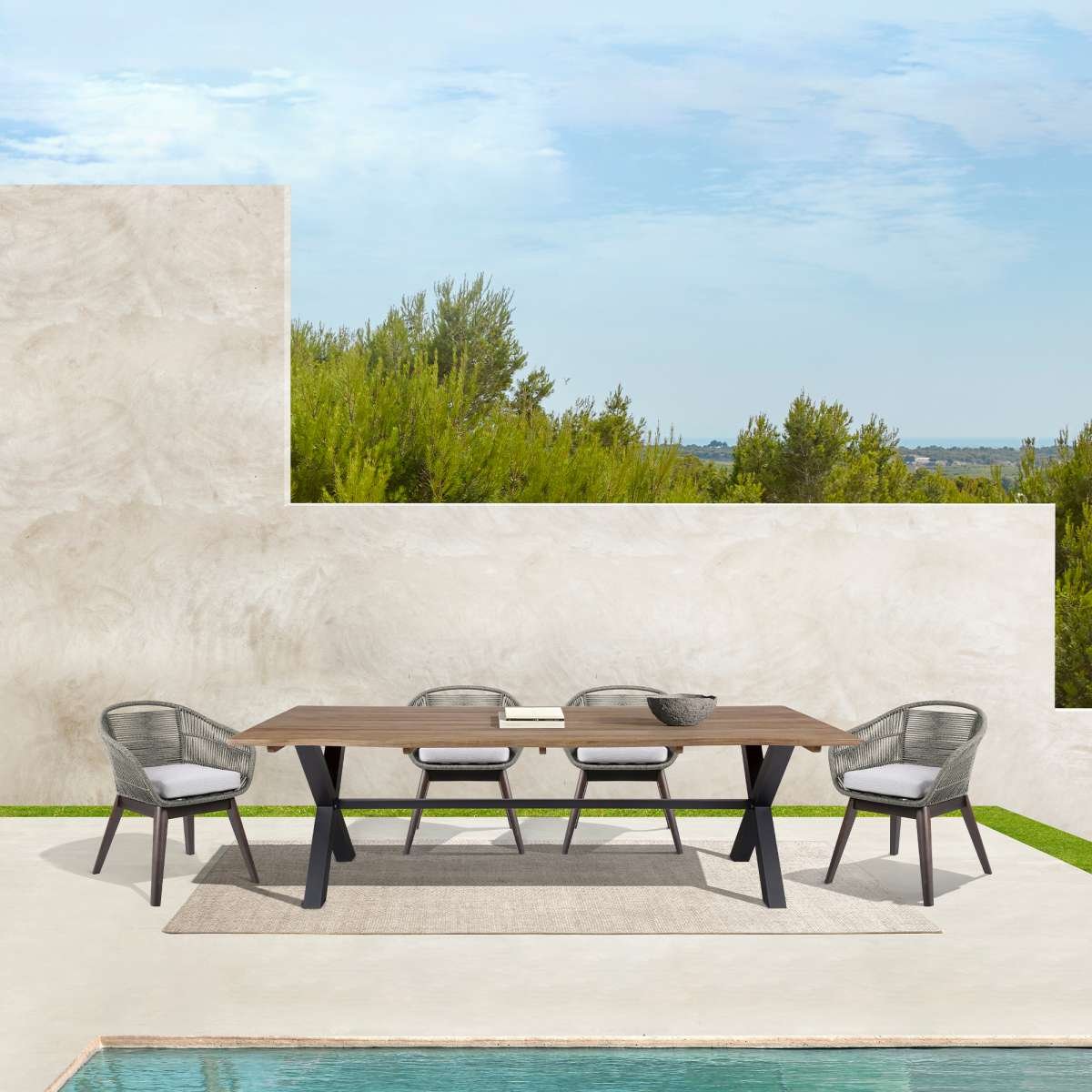  Glendora Tutti Frutti Outdoor Patio 5 Piece Live Edge Dining Set in Eucalyptus Wood Gray Rope and Cushions By Armen Living 